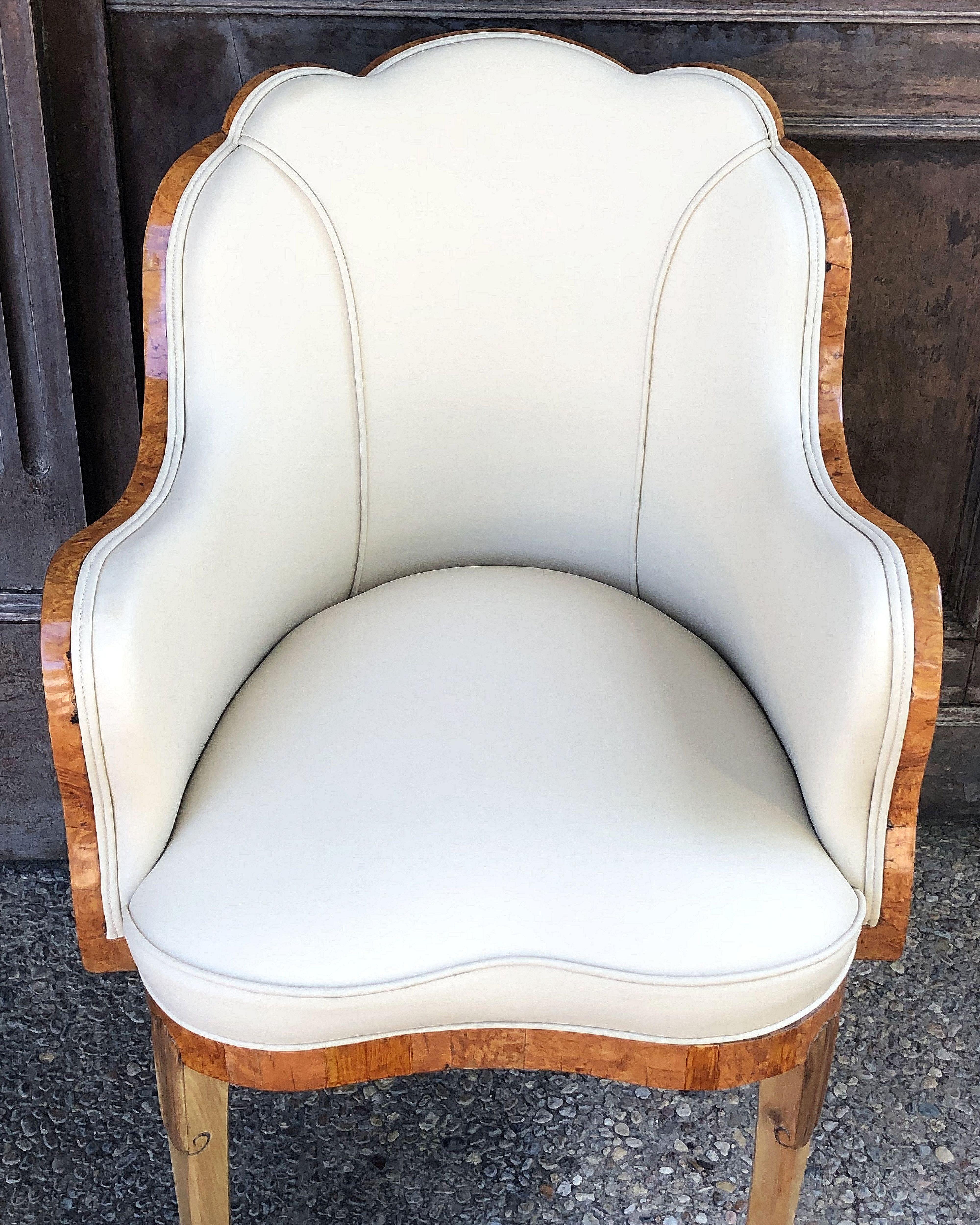 Art Deco Burr Walnut and Cream Leather Armchairs by Maurice Adams 'Priced Each' 4