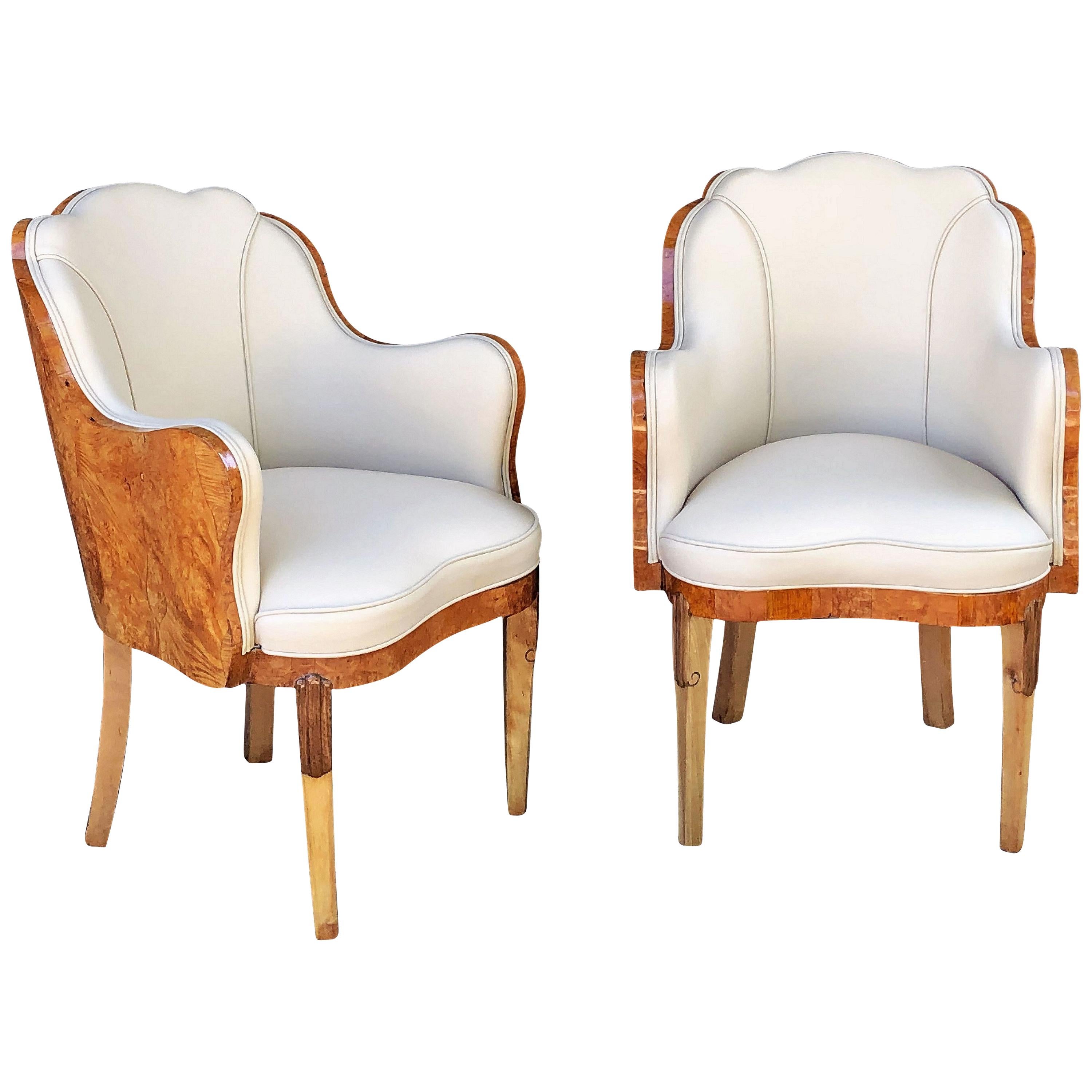 Art Deco Burr Walnut and Cream Leather Armchairs by Maurice Adams 'Priced Each'
