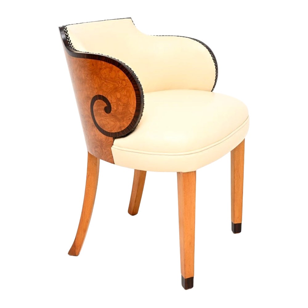 Sillón o silla de escritorio Art Déco de nogal veteado y cuero