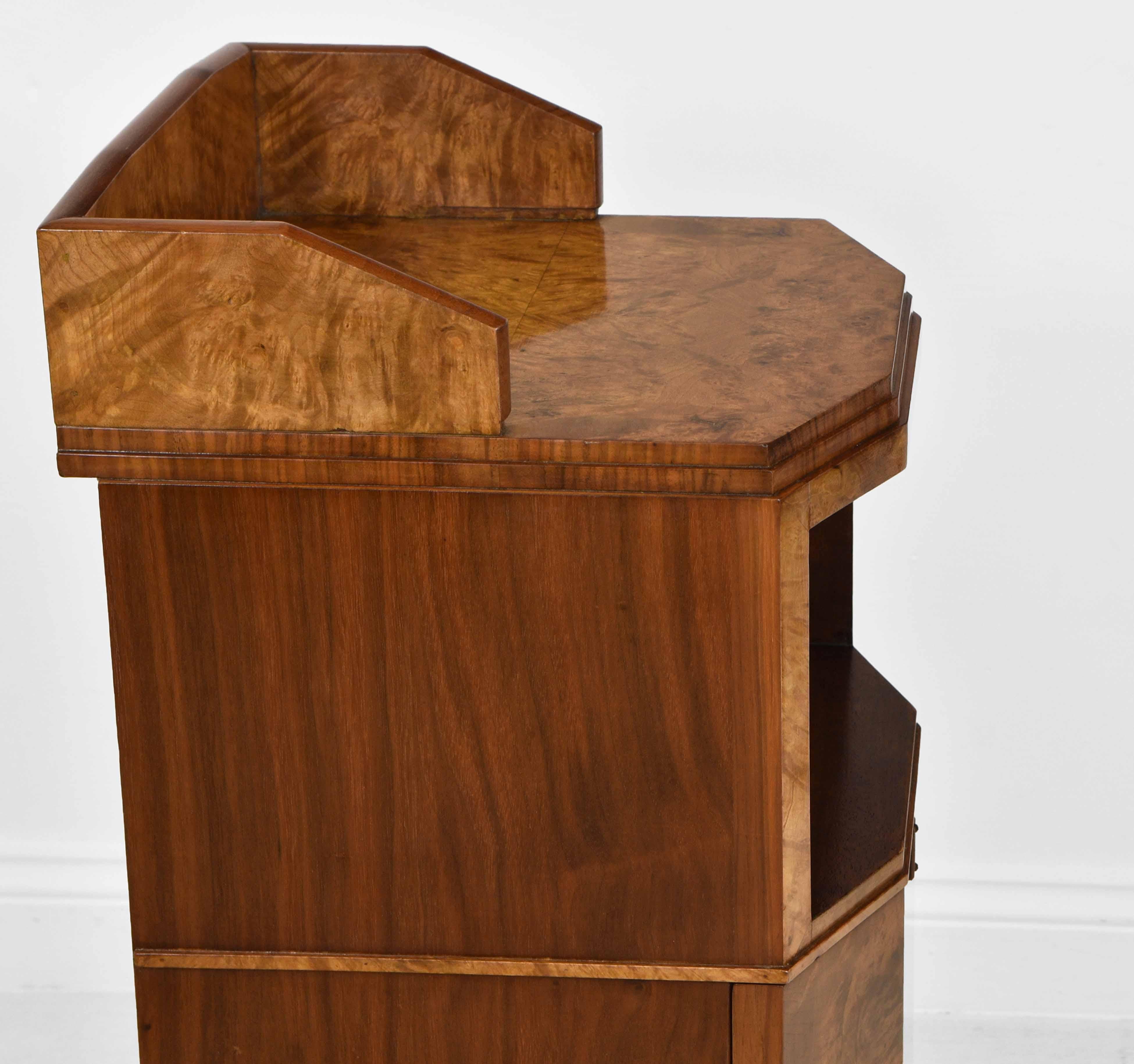 English Art Deco Burr Walnut Canted Bedside Cabinet Side Table For Sale
