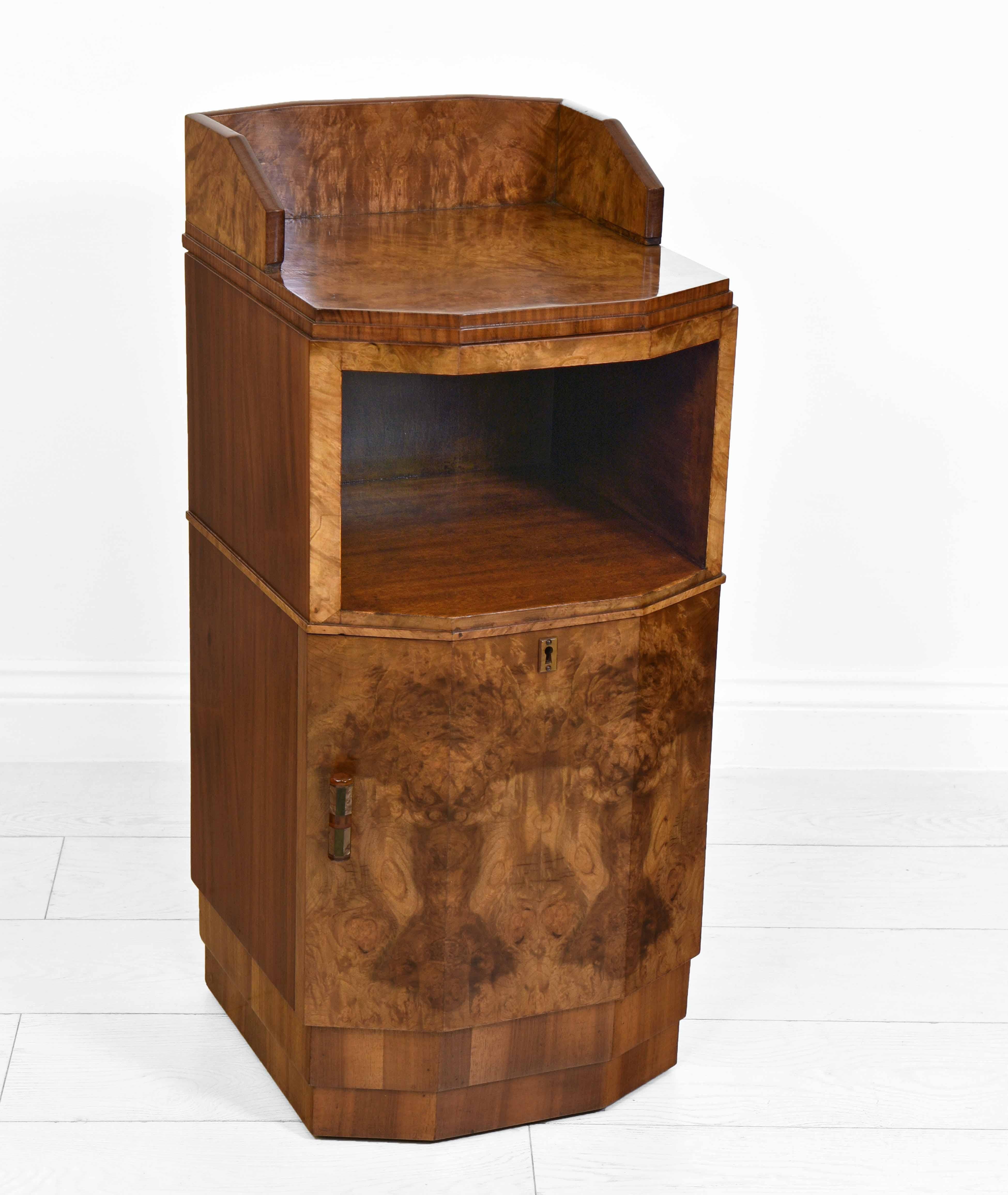 Veneer Art Deco Burr Walnut Canted Bedside Cabinet Side Table For Sale