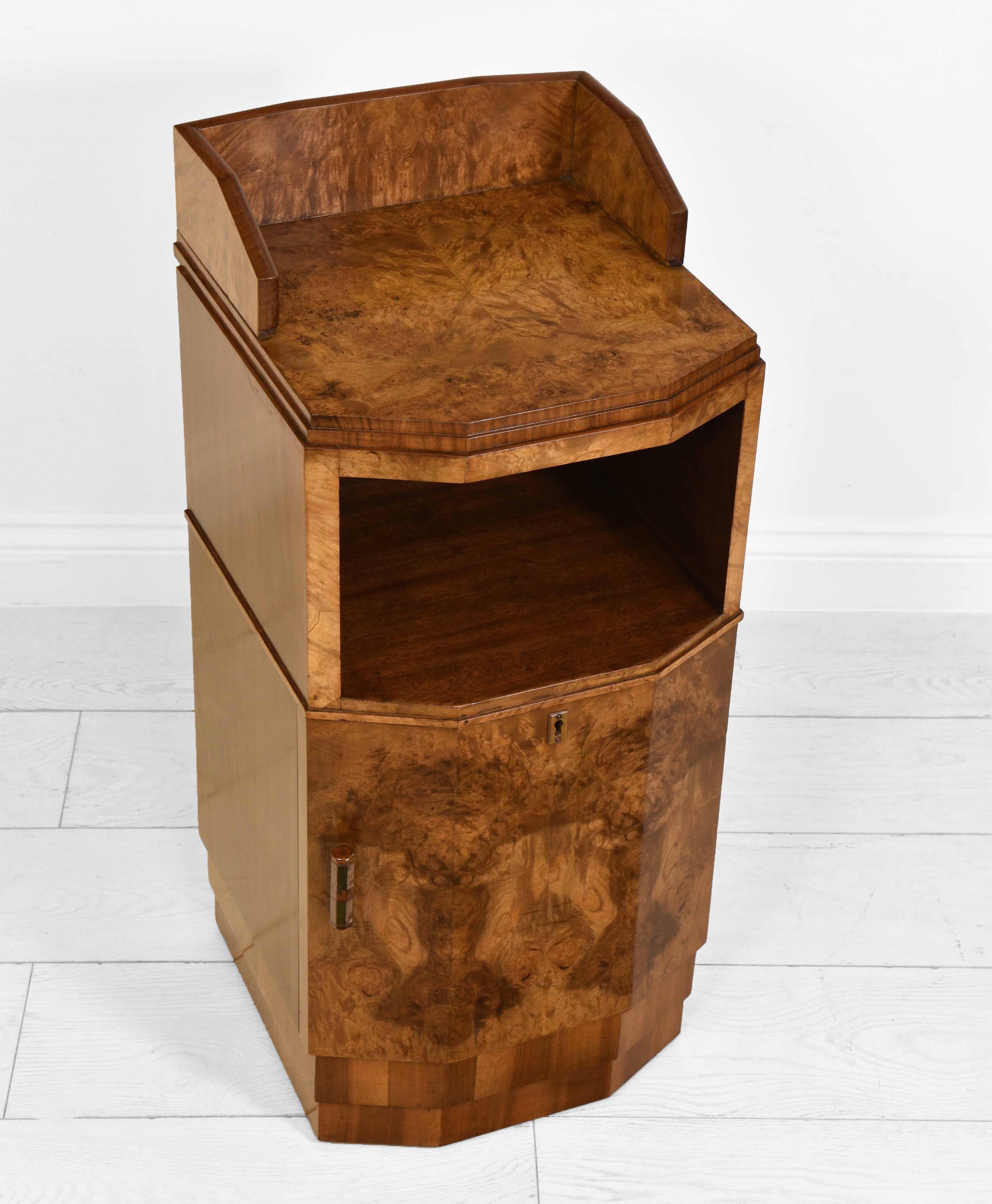 Art Deco Burr Walnut Canted Bedside Cabinet Side Table For Sale 2