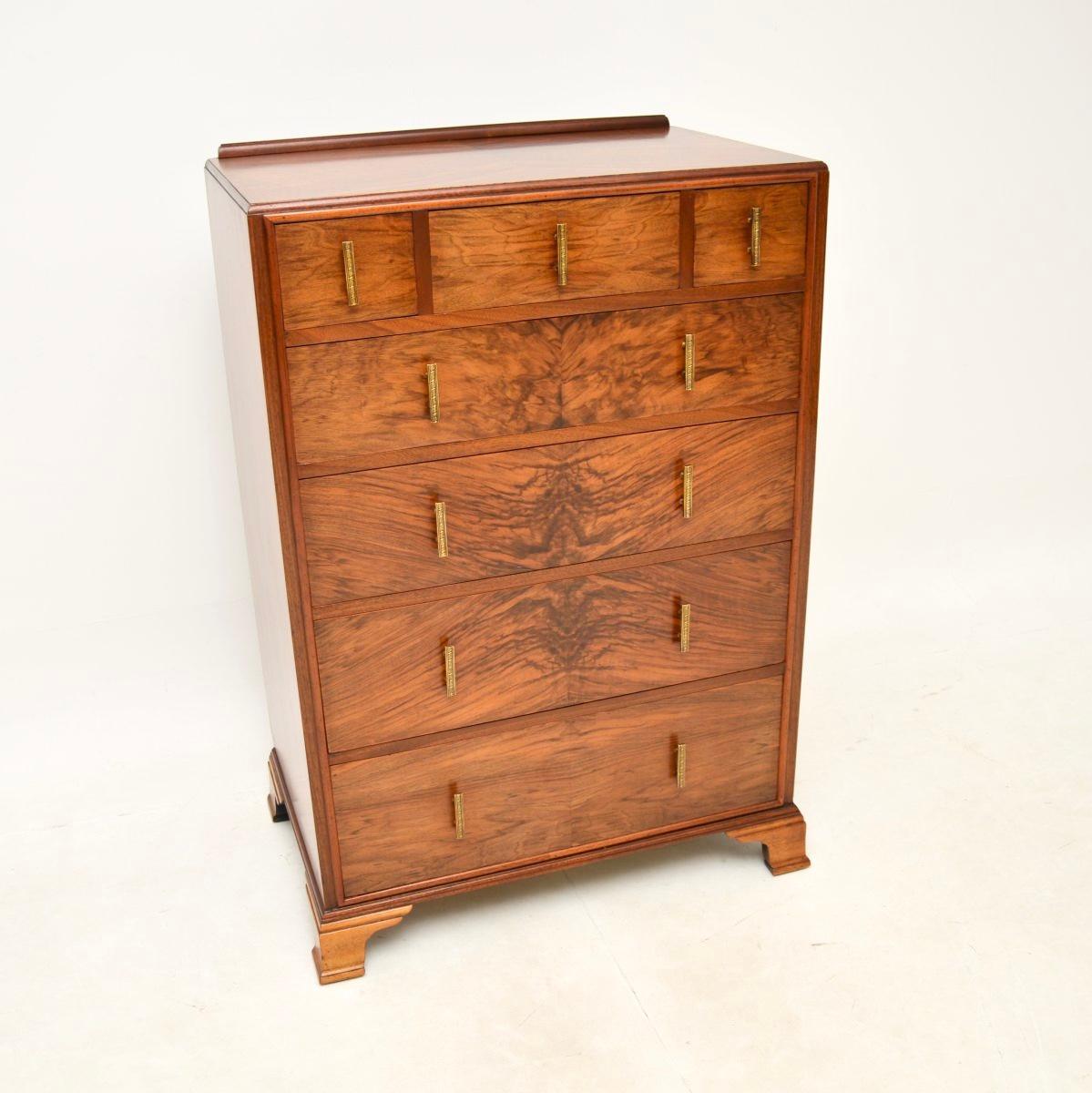 A stunning Art Deco burr walnut chest of drawers, this was made in England and dates from around the 1920-30’s.

It is a great size and is of superb quality. There is lots of storage inside the generous drawers, this sits on bracket feet and has a