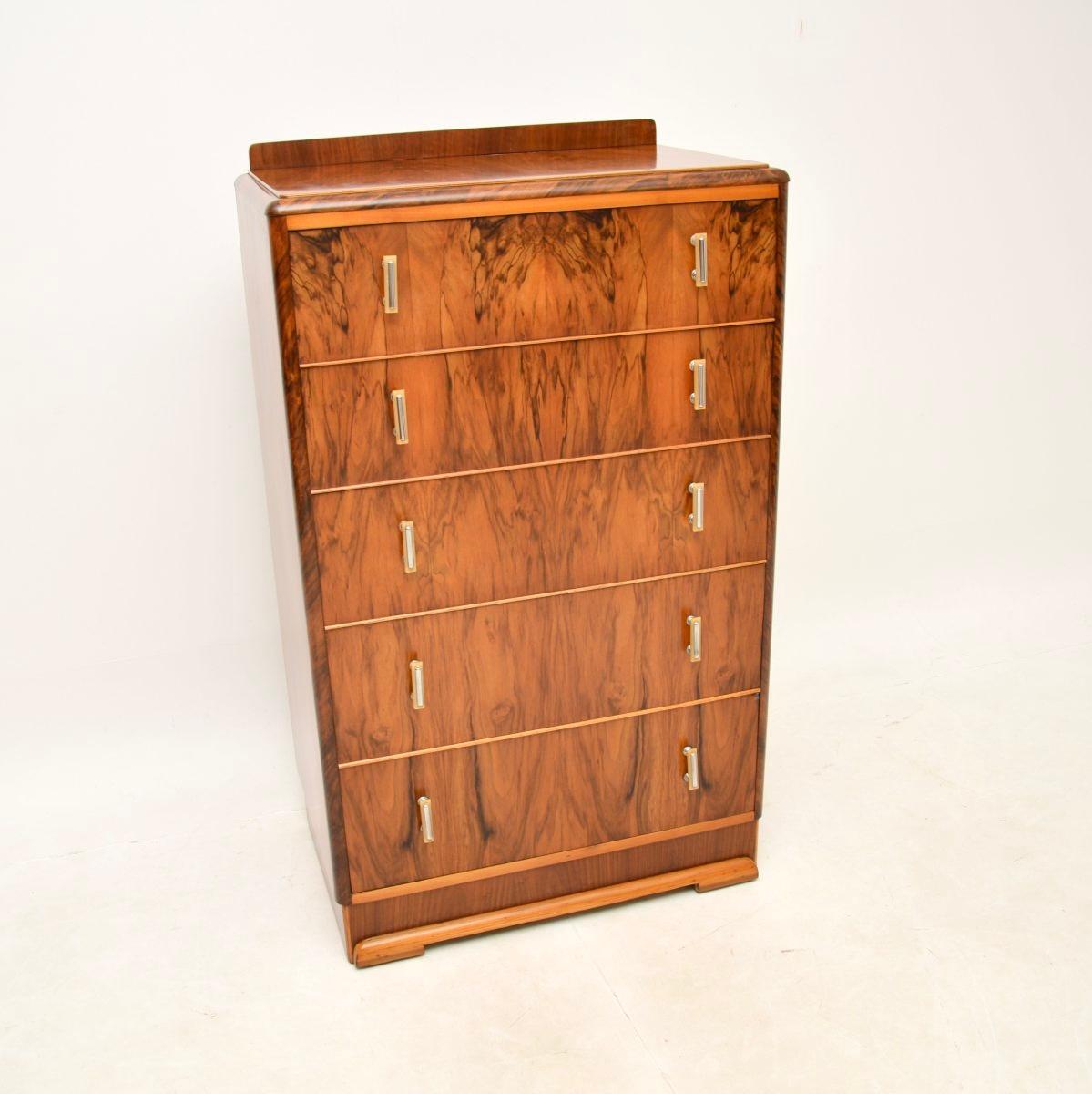 A stunning Art Deco burr walnut chest of drawers, this was made in England and dates from around the 1920-30’s.

It is a great size and is of superb quality. There is lots of storage inside the five generous drawers, this sits on bracket feet and