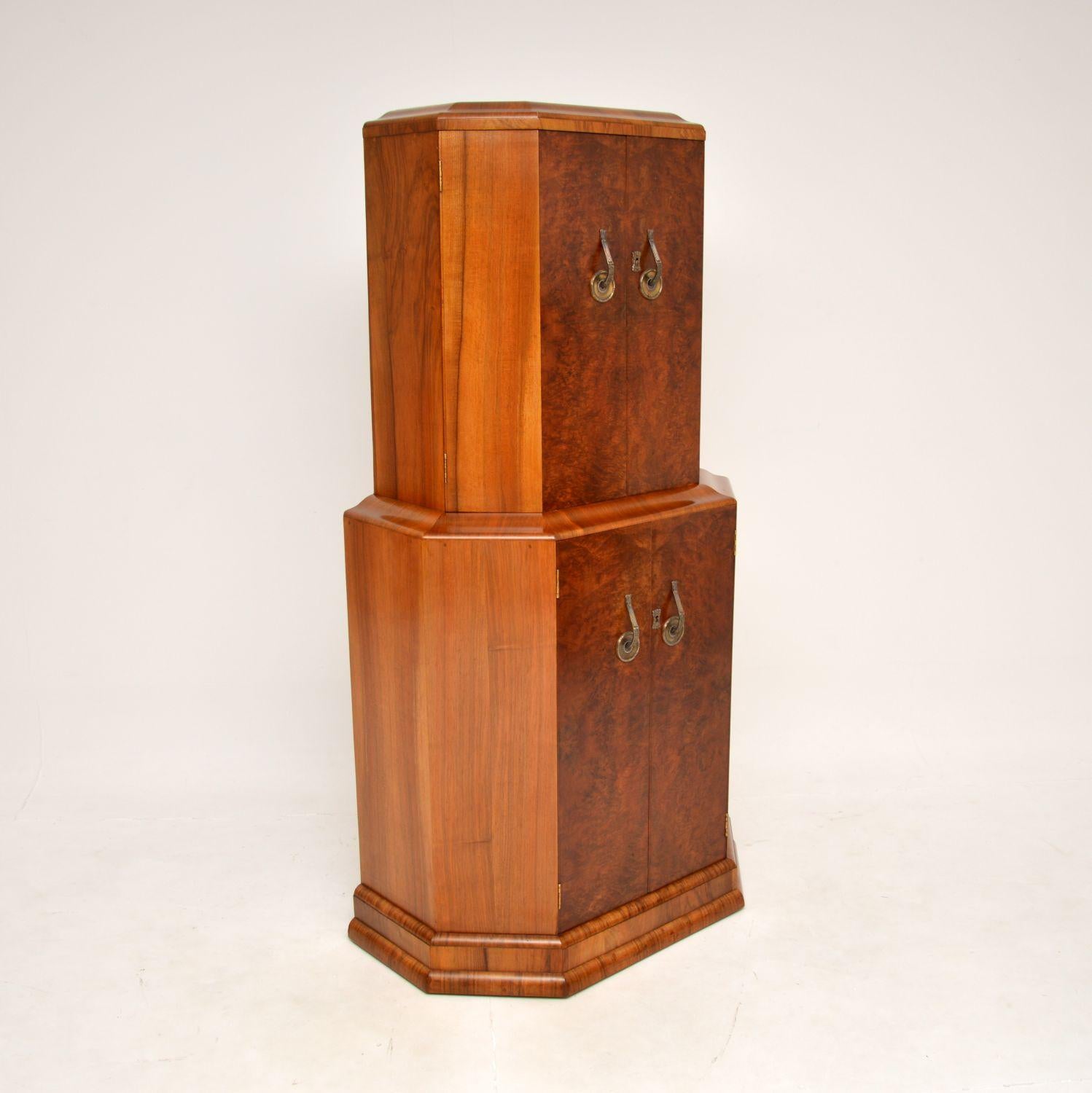 A stunning original Art Deco burr walnut cocktail cabinet. This was made in England, it dates from the 1920-30’s.

It is beautifully designed and is of superb quality. The proportions are lovely, this is a very useful size and has some great