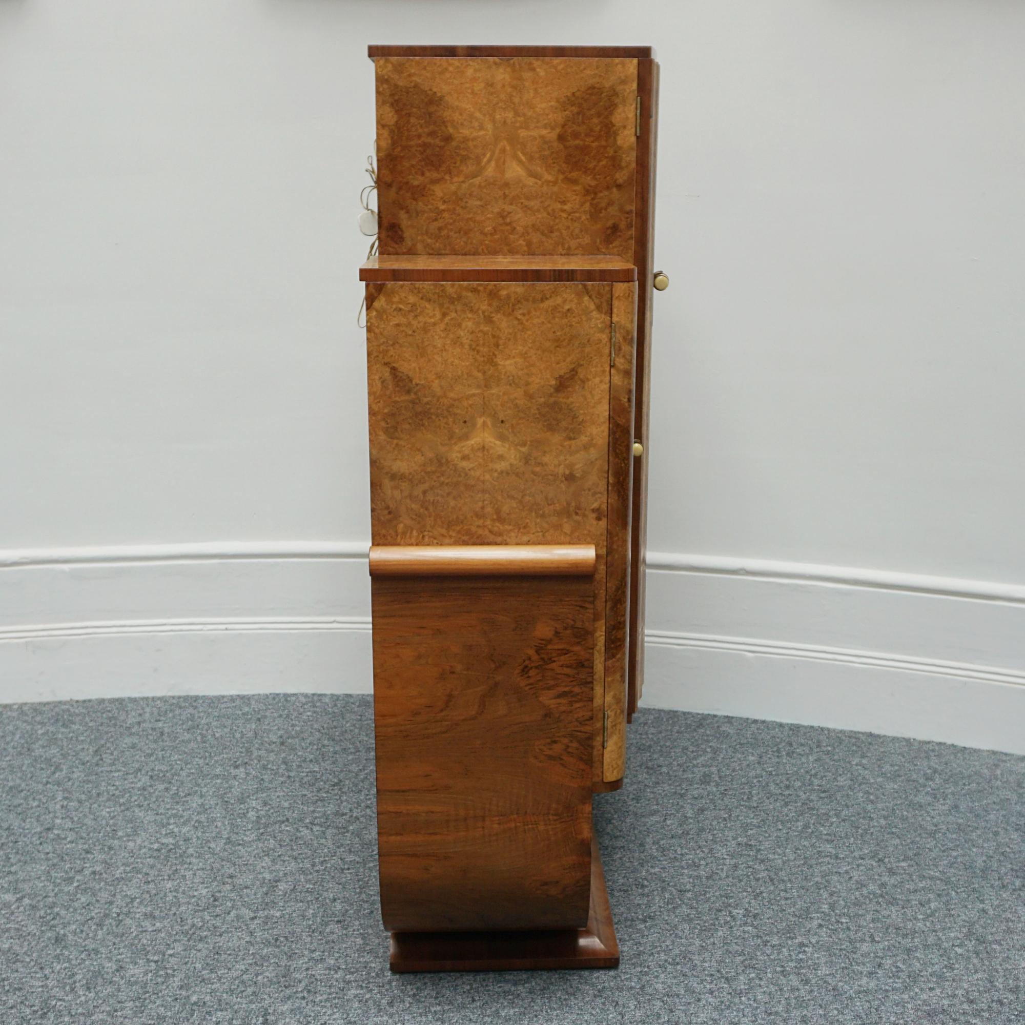 Art Deco Burr Walnut Cocktail Cabinet with Mirrored Lit Interior 5