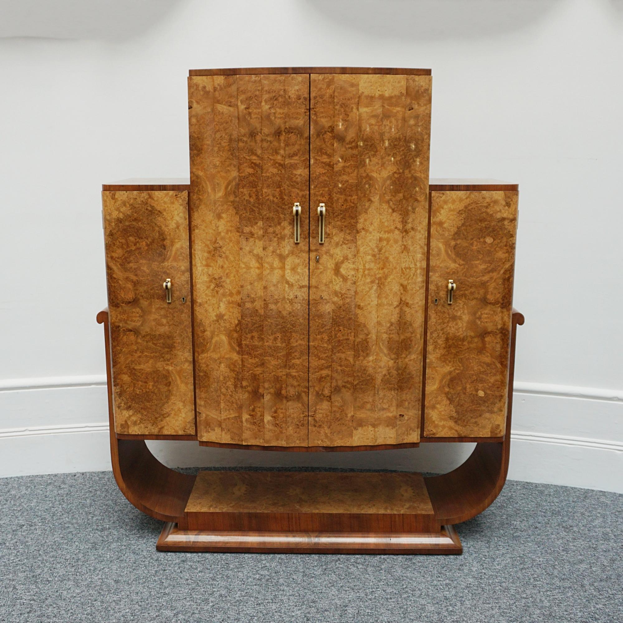 Art Deco Burr Walnut Cocktail Cabinet with Mirrored Lit Interior 7