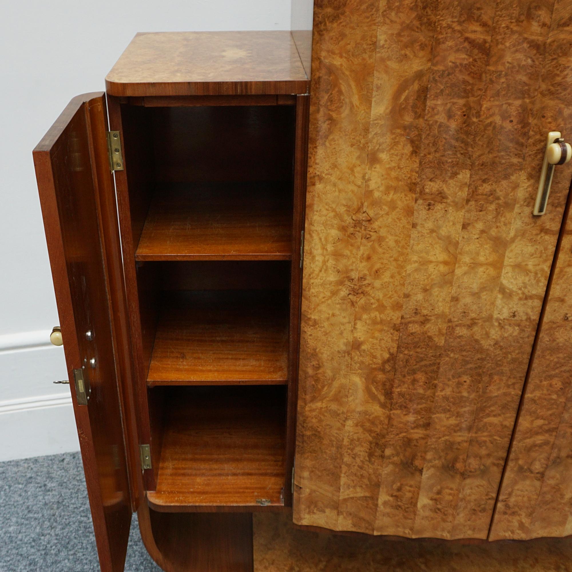 Art Deco Burr Walnut Cocktail Cabinet with Mirrored Lit Interior 8
