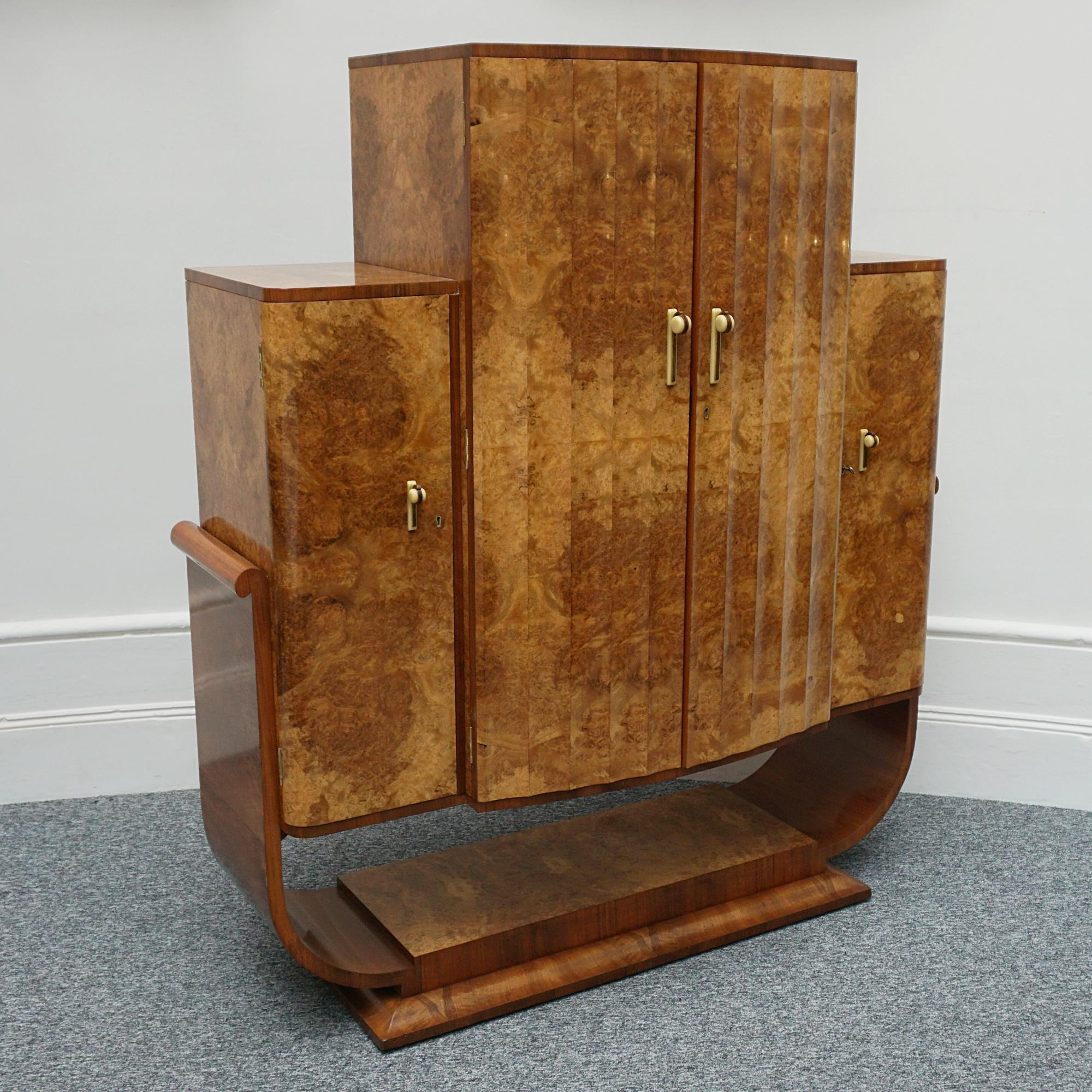 Art Deco Burr Walnut Cocktail Cabinet with Mirrored Lit Interior 9