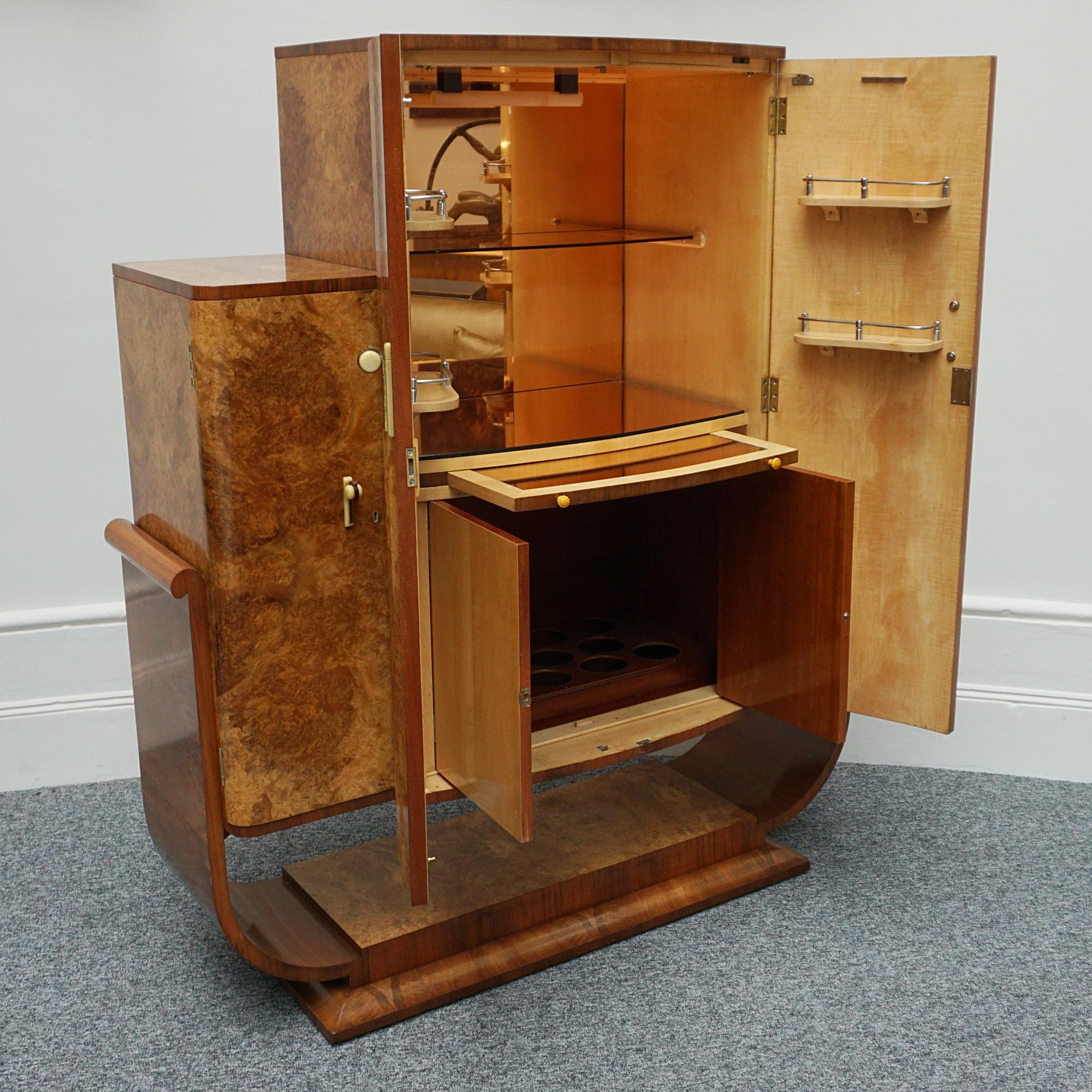 Art Deco Burr Walnut Cocktail Cabinet with Mirrored Lit Interior 11