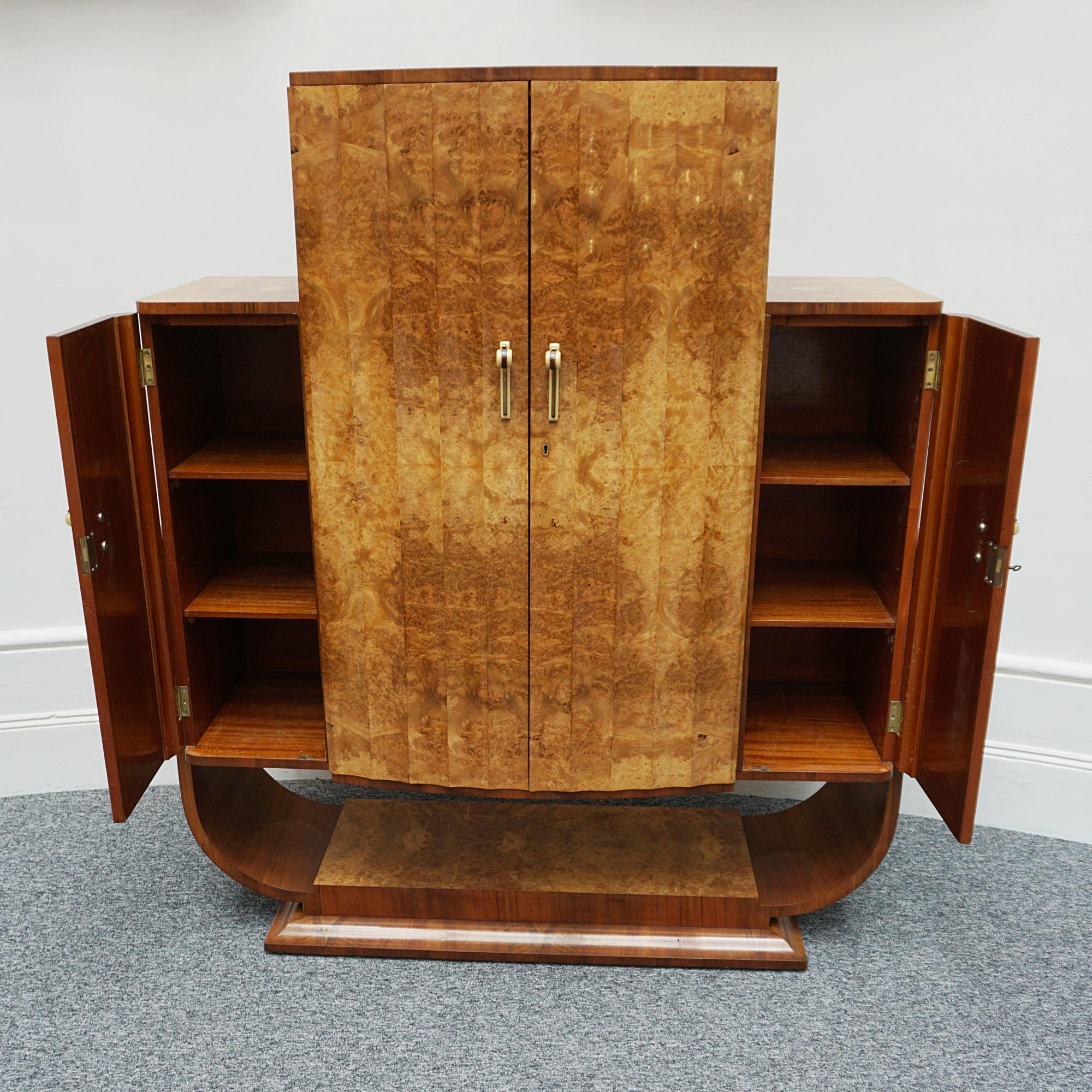 Art Deco Burr Walnut Cocktail Cabinet with Mirrored Lit Interior 1