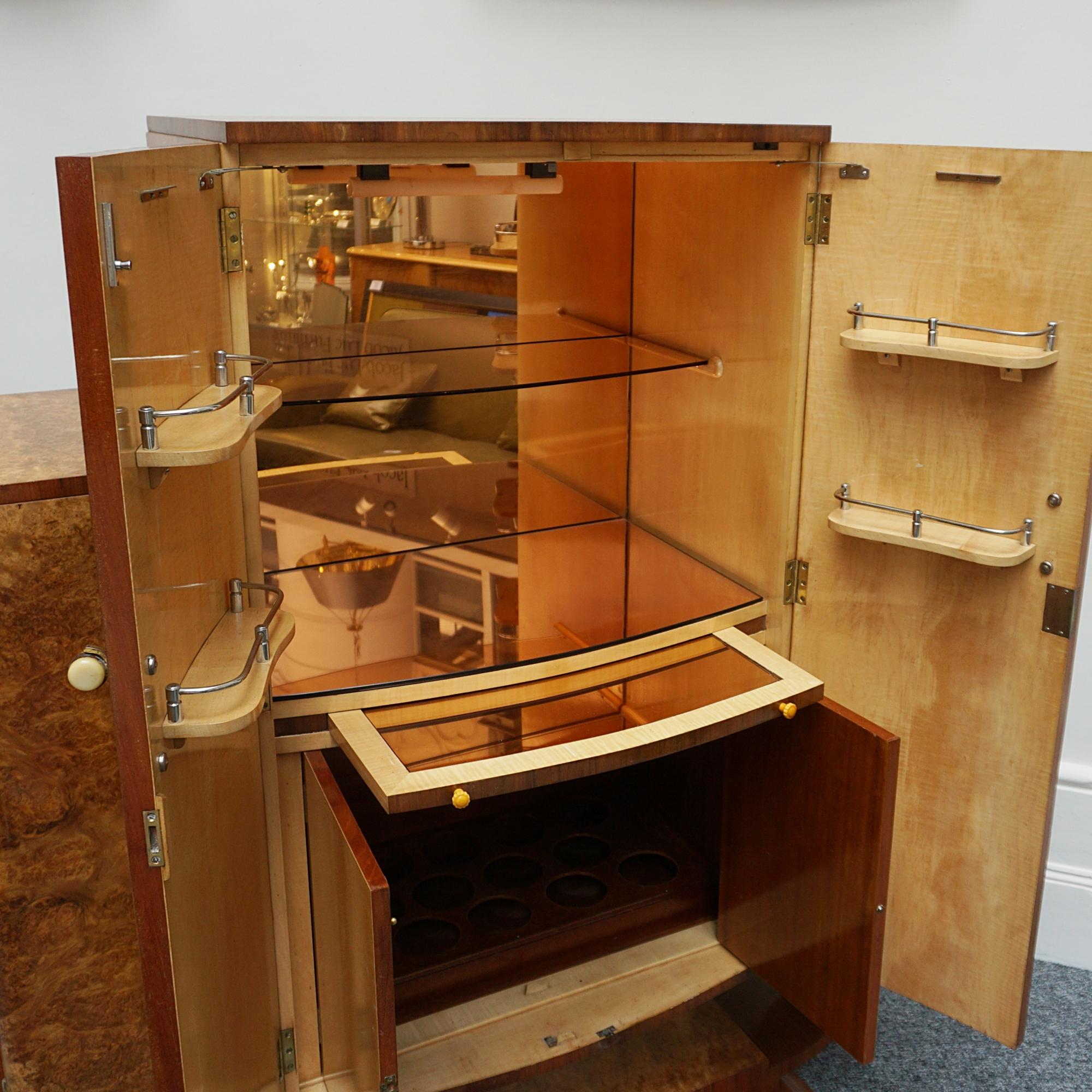 Art Deco Burr Walnut Cocktail Cabinet with Mirrored Lit Interior 2