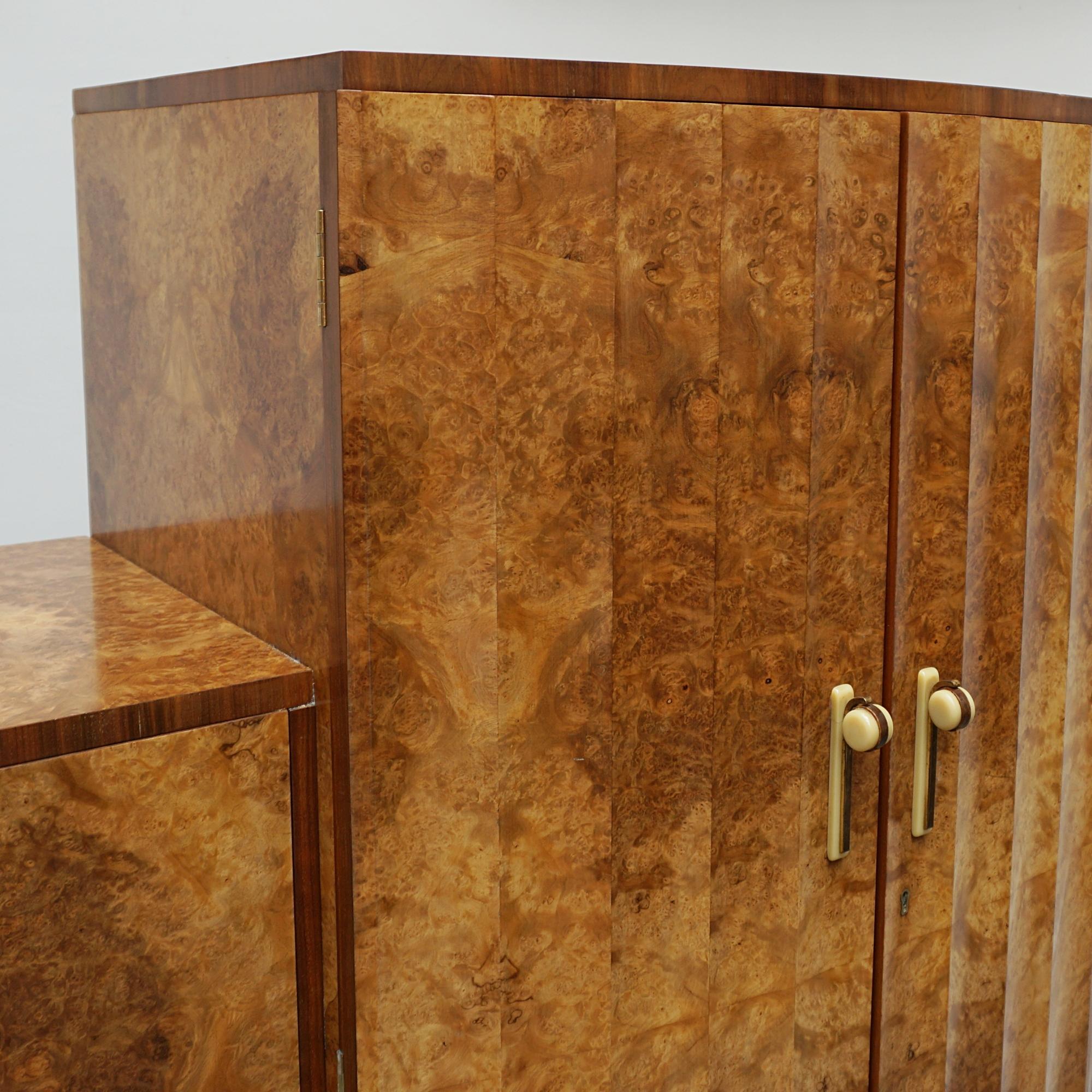 Art Deco Burr Walnut Cocktail Cabinet with Mirrored Lit Interior 4
