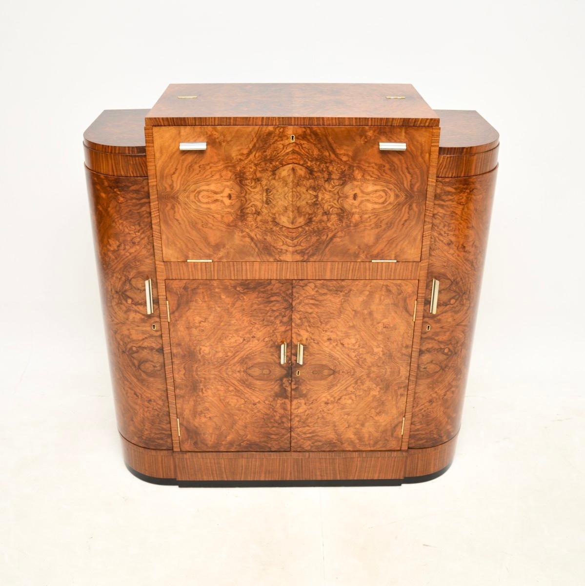 British Art Deco Burr Walnut Cocktail Drinks Cabinet by Maple and Co
