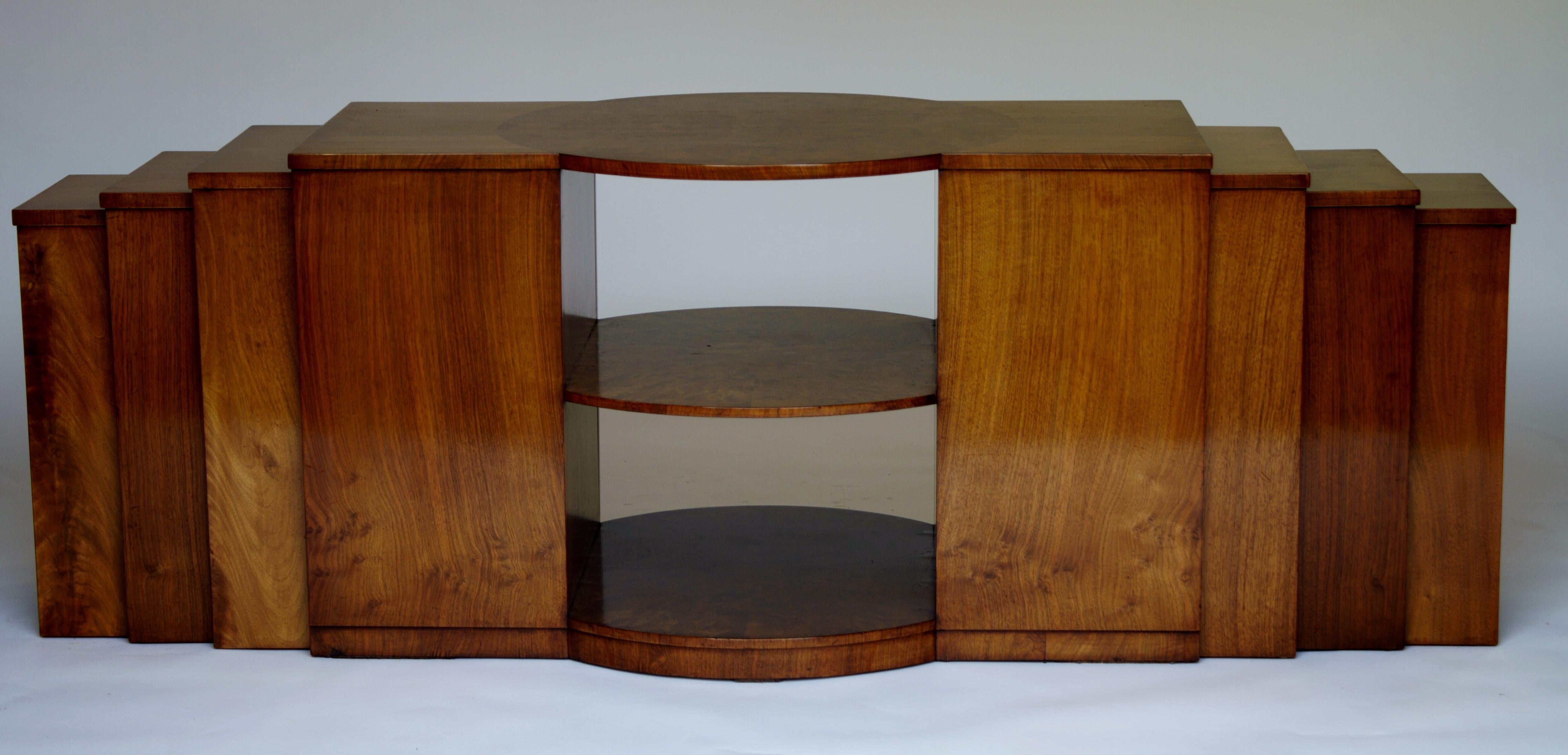Art Deco Burr  Walnut & Walnut coffee table, with Nest 3 inset tables each side,circa 1920s
Circular 3 tier centre section with burr walnut veneer on tops, 
Attach each side walnut square open compartments, 
each with inset nest 3 walnut