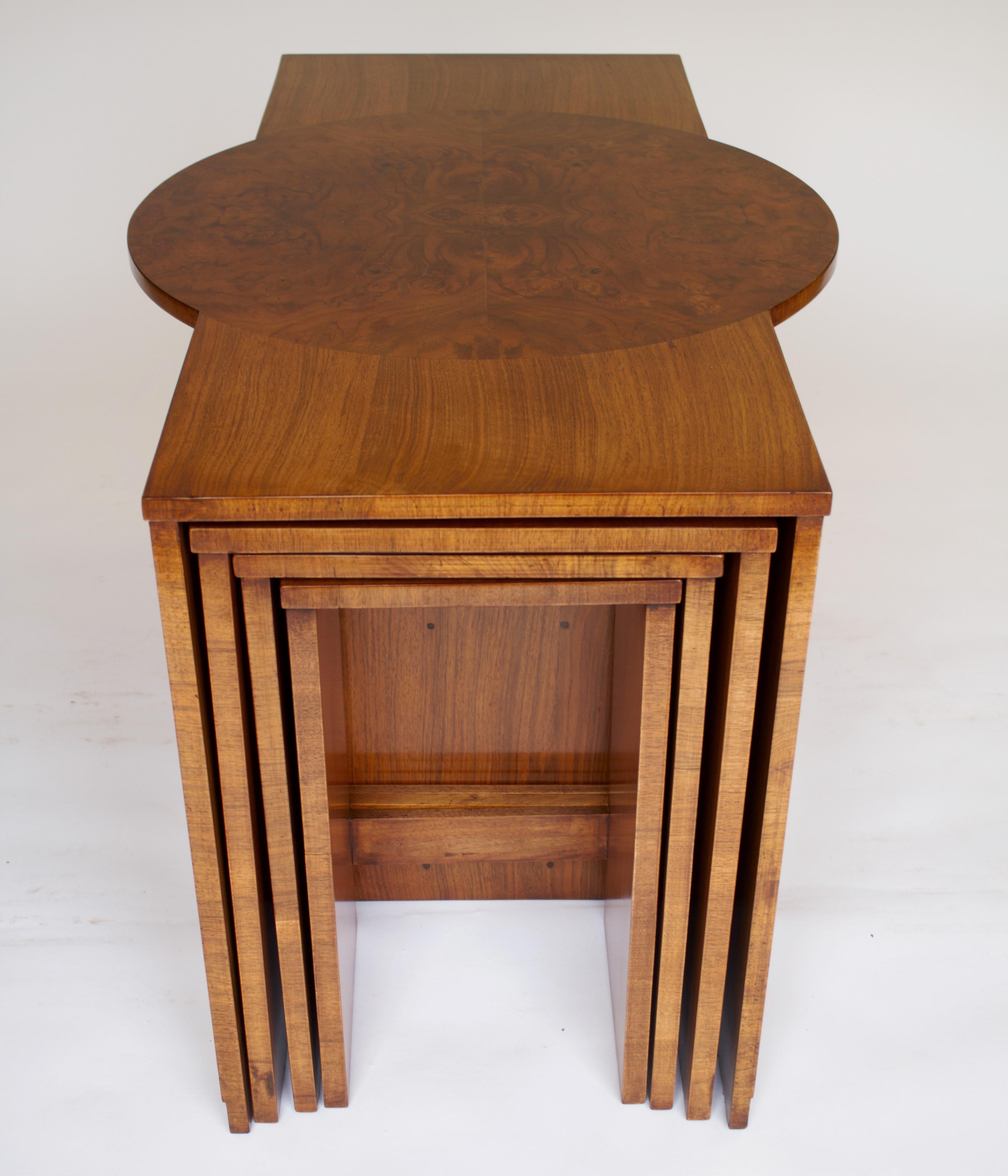 Early 20th Century Art Deco Burr  Walnut Coffee table / Nests 3 tables each side, circa 1920s For Sale