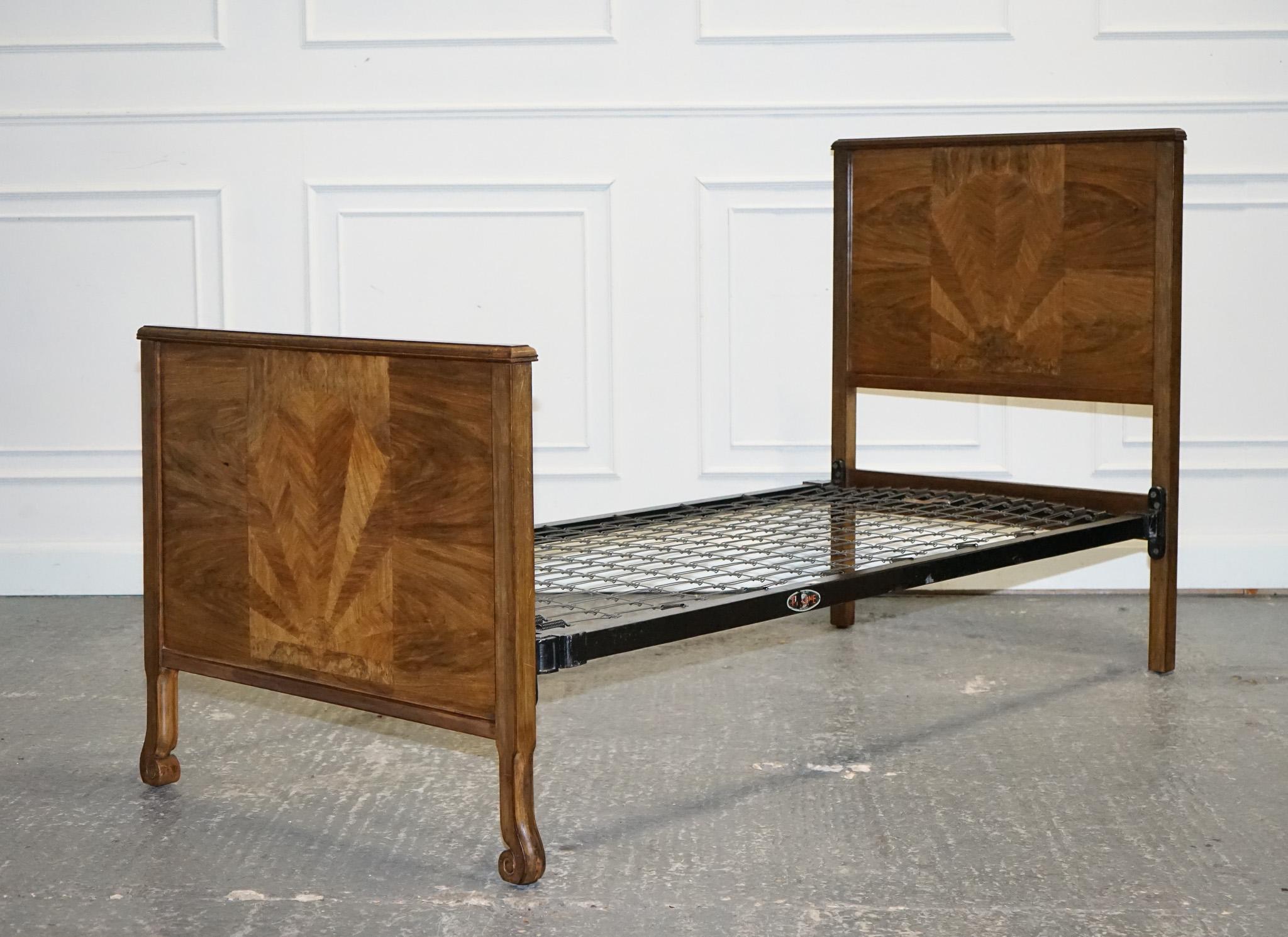 British ART DECO BURR WALNUT DECORATIVE INLAID PANELS SiNGLE BED For Sale
