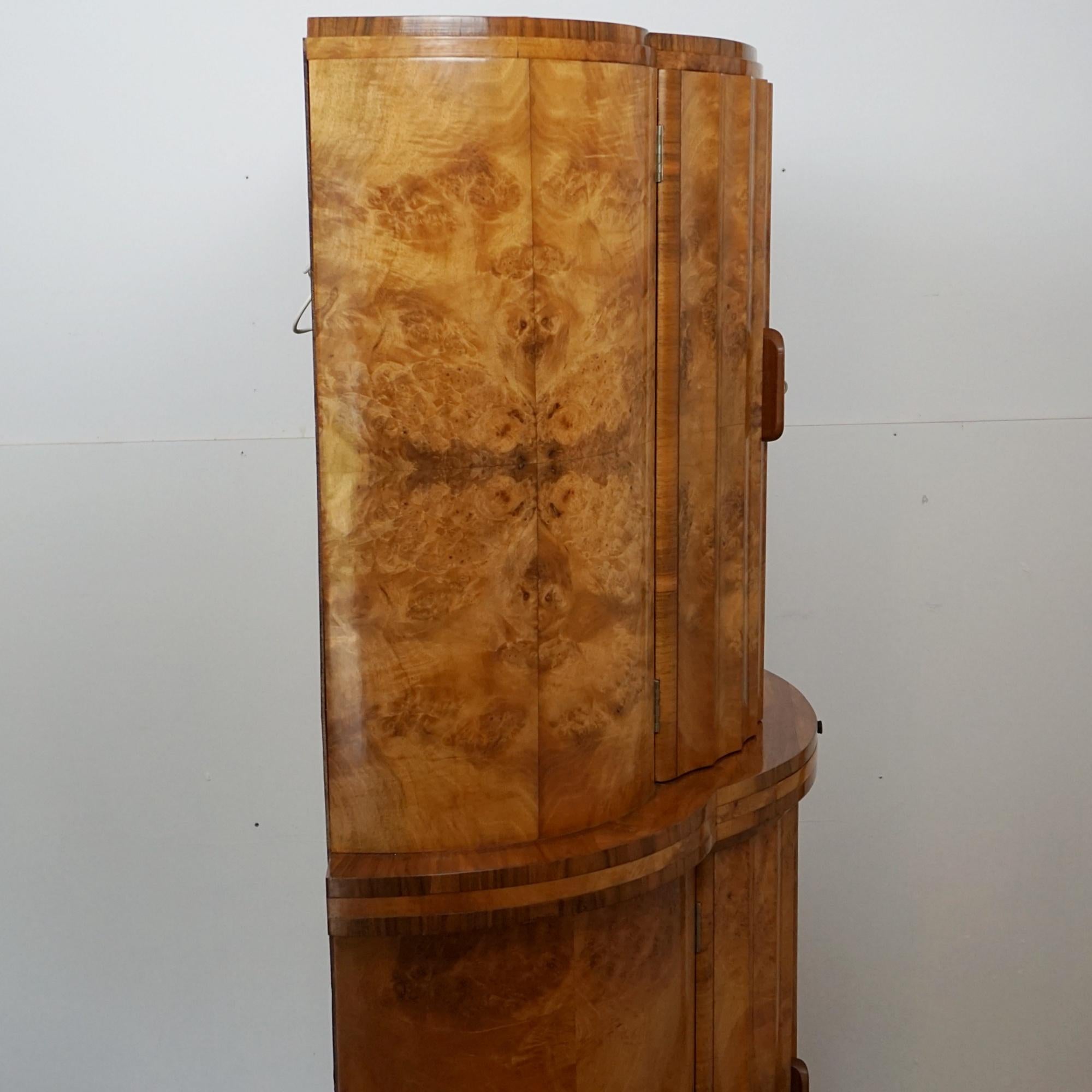 Art Deco Burr Walnut Demi Lune Cocktail Cabinet For Sale 5