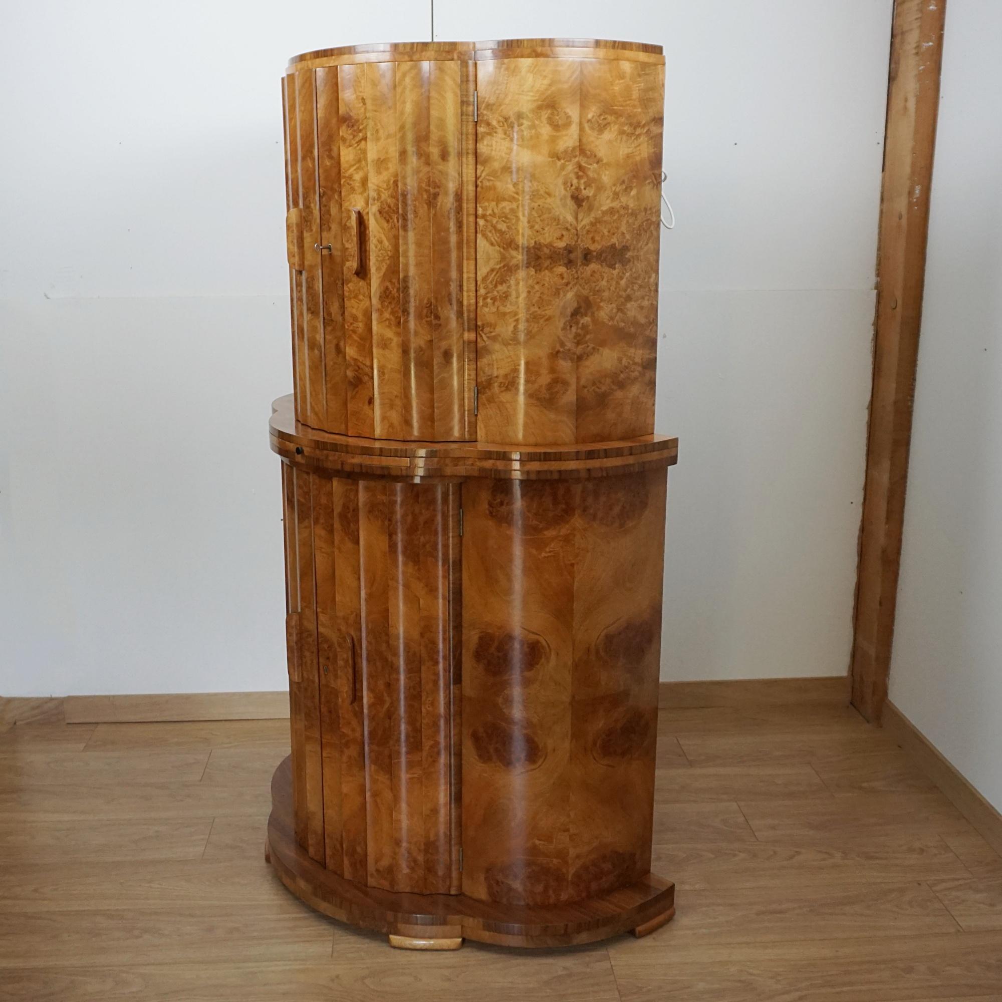 Art Deco Burr Walnut Demi Lune Cocktail Cabinet For Sale 8
