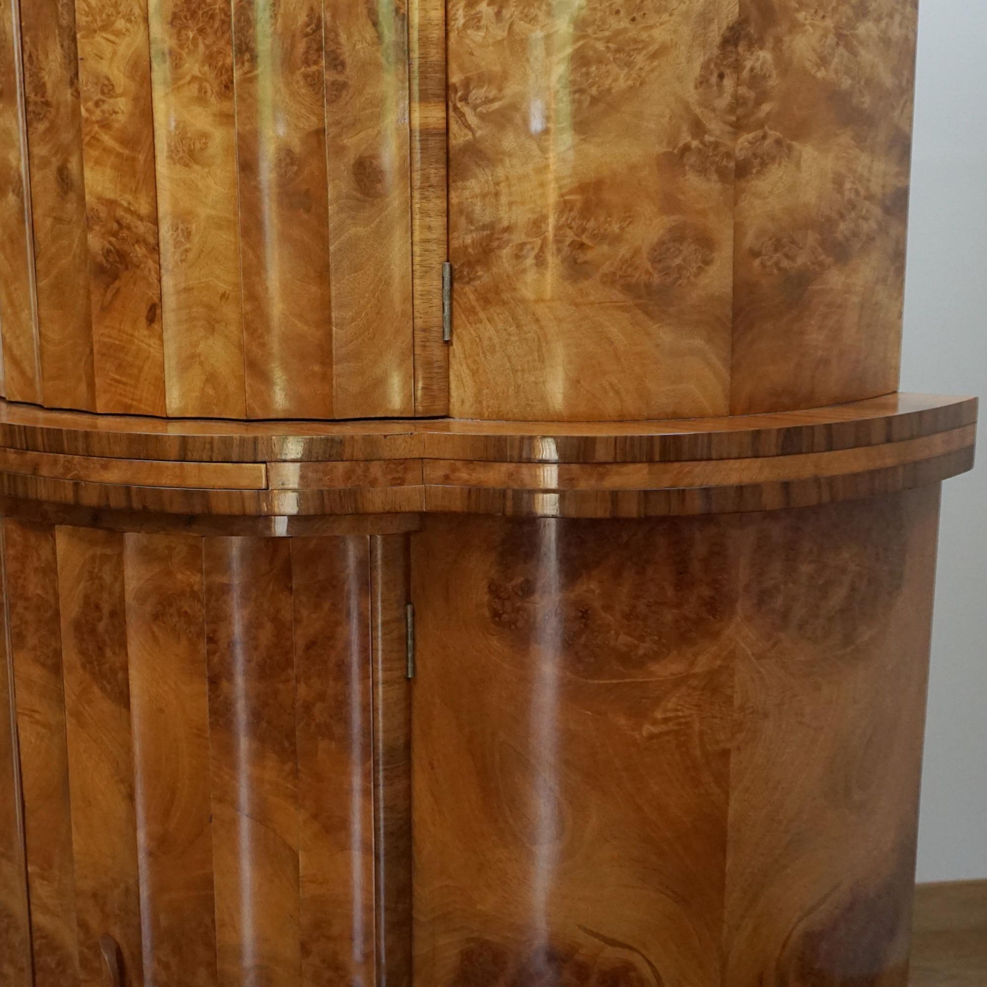 Art Deco Burr Walnut Demi Lune Cocktail Cabinet For Sale 9