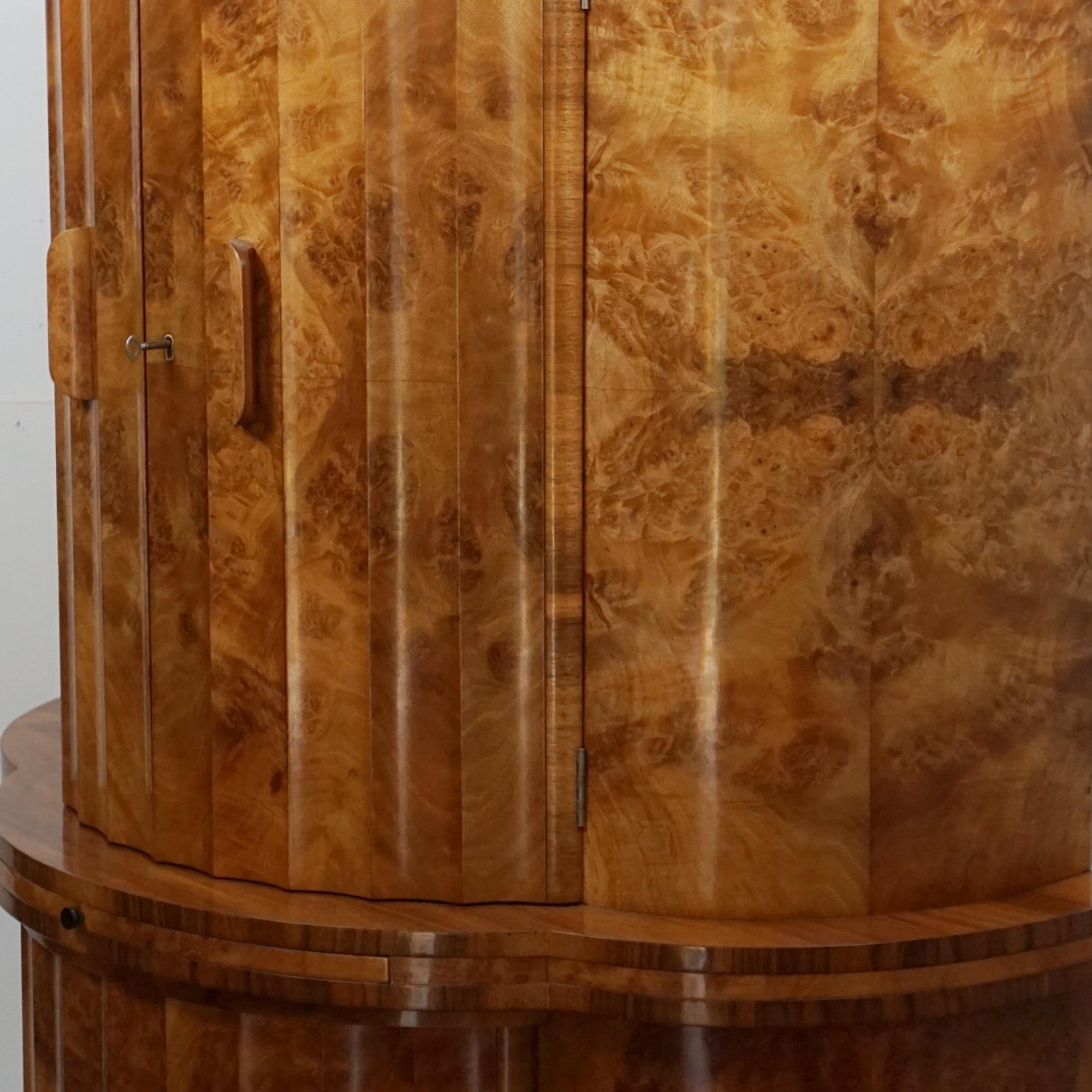 Art Deco Burr Walnut Demi Lune Cocktail Cabinet For Sale 10