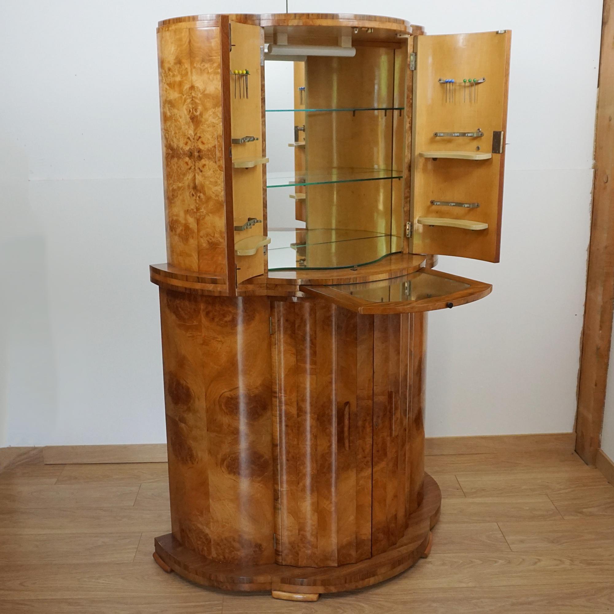 Art Deco Burr Walnut Demi Lune Cocktail Cabinet For Sale 11