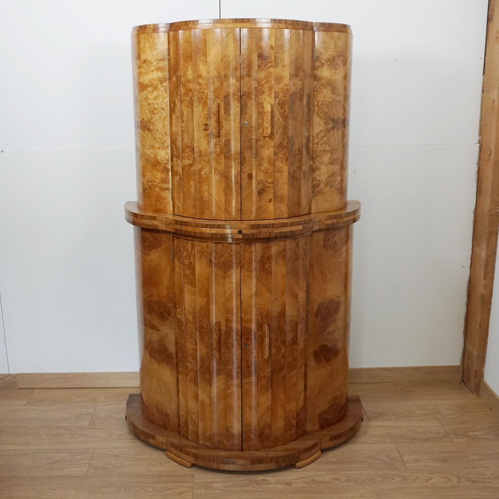 Art Deco Burr Walnut Demi Lune Cocktail Cabinet For Sale 12