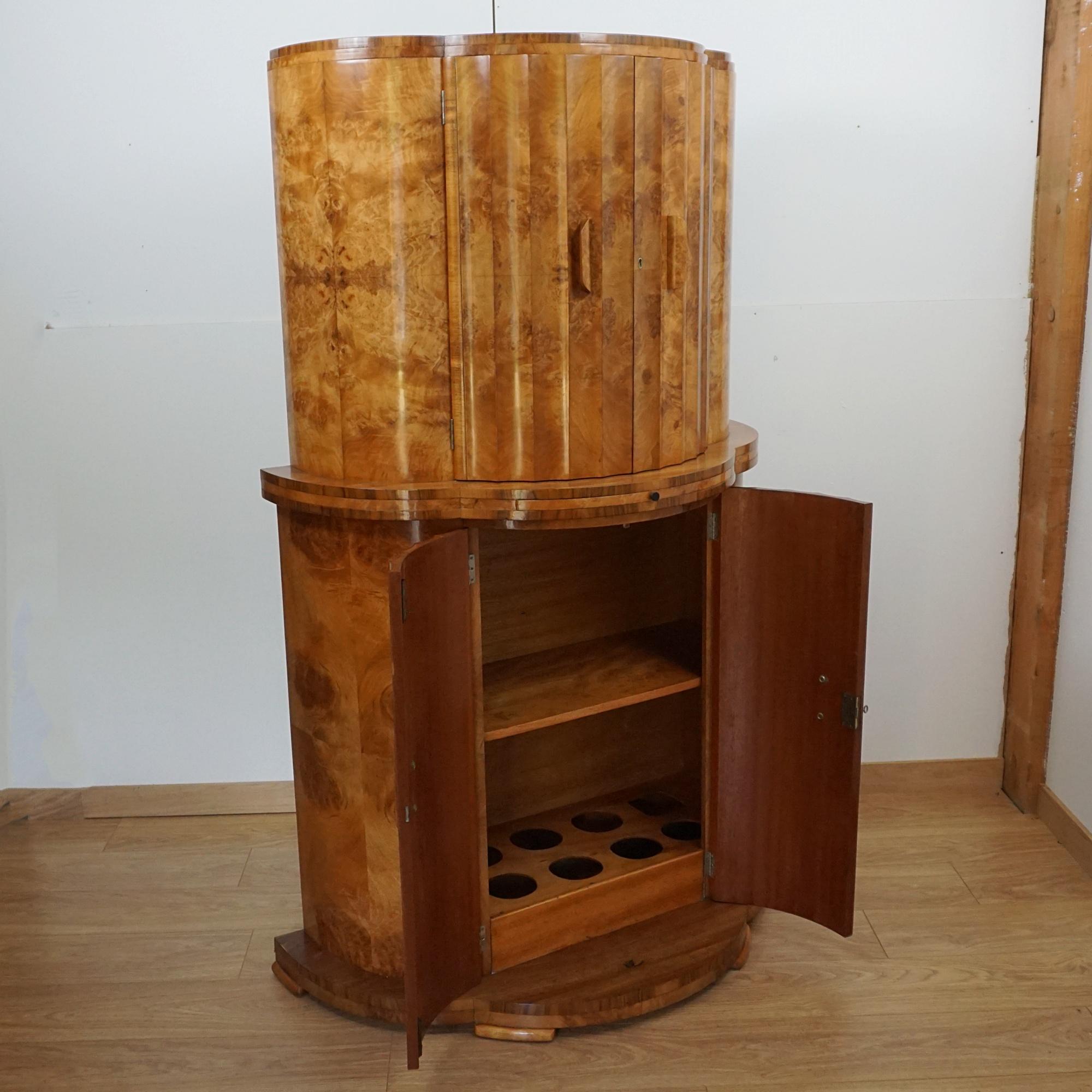 English Art Deco Burr Walnut Demi Lune Cocktail Cabinet For Sale