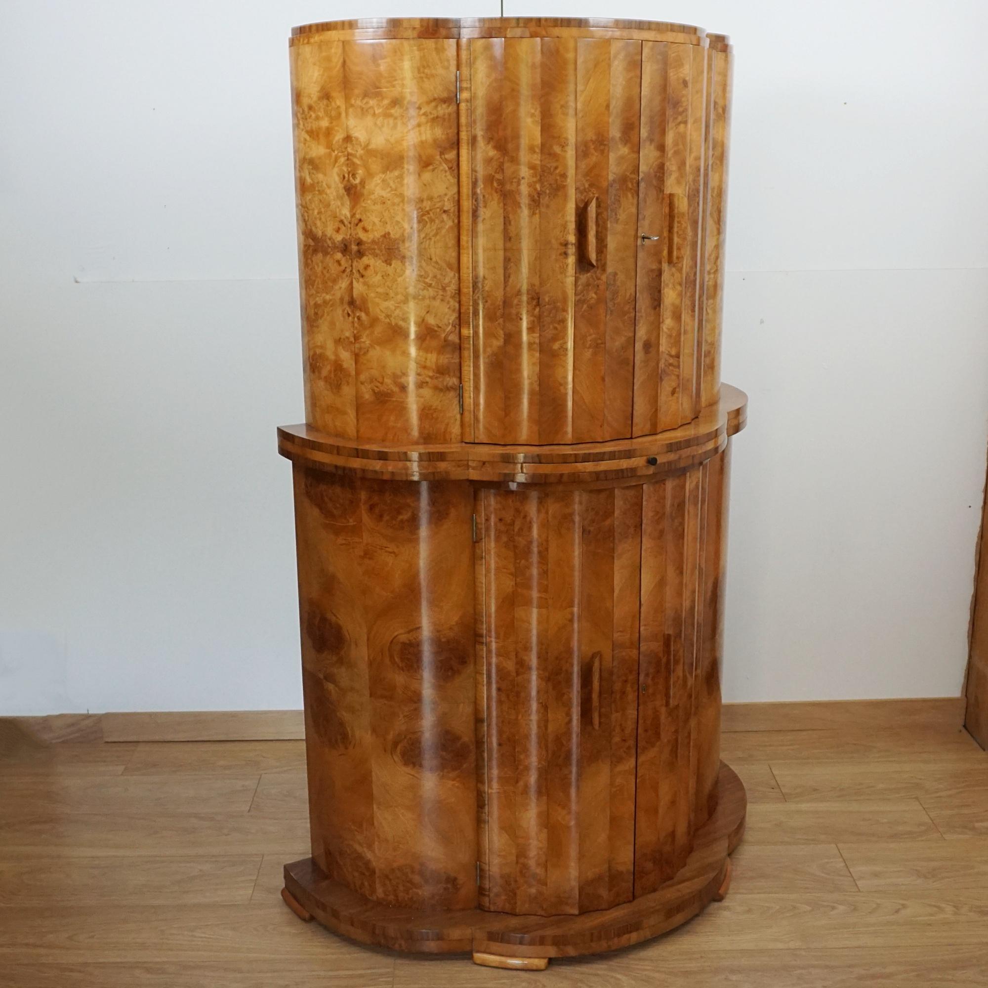 Art Deco Burr Walnut Demi Lune Cocktail Cabinet In Good Condition For Sale In Forest Row, East Sussex