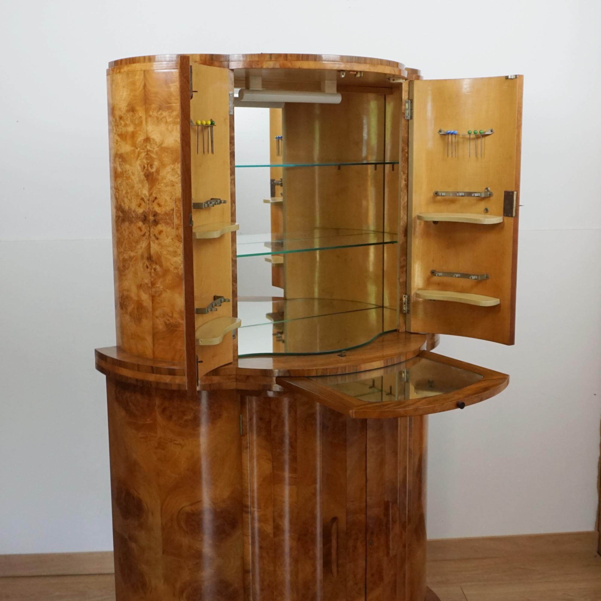 20th Century Art Deco Burr Walnut Demi Lune Cocktail Cabinet For Sale