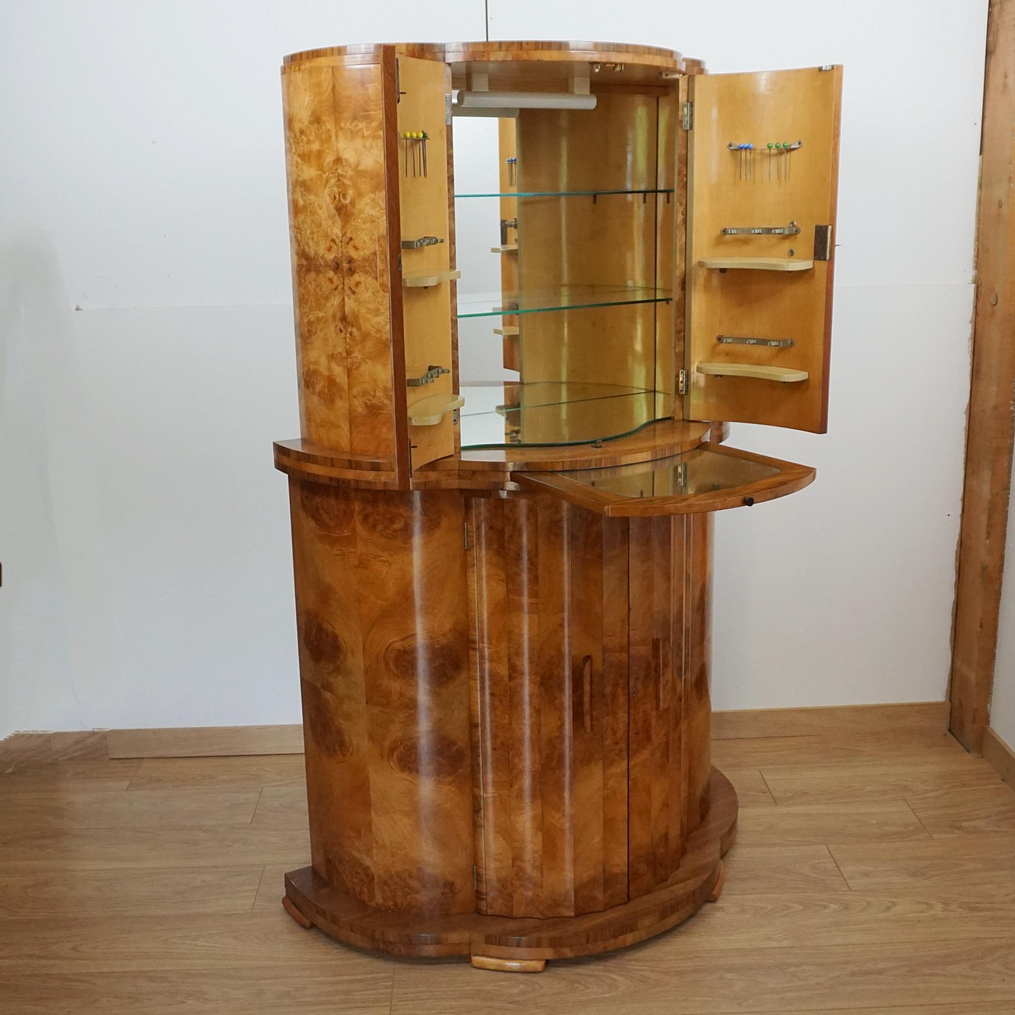 Art Deco Burr Walnut Demi Lune Cocktail Cabinet For Sale 1