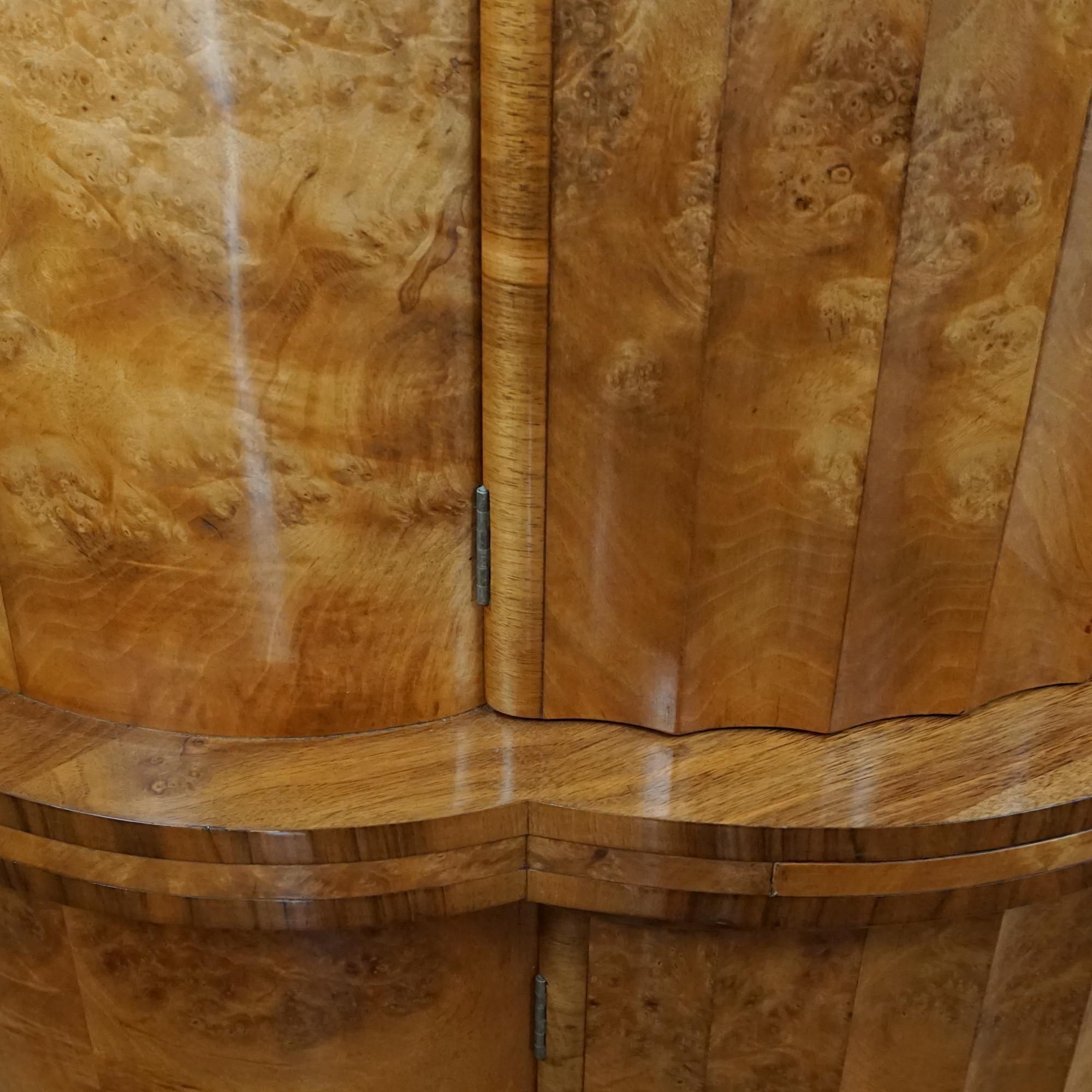 Art Deco Burr Walnut Demi Lune Cocktail Cabinet For Sale 4