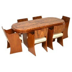 Mesa y sillas de comedor Art Déco de nogal rebabas