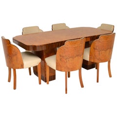 Antique Art Deco Burr Walnut Dining Table and Cloud Back Chairs by Epstein