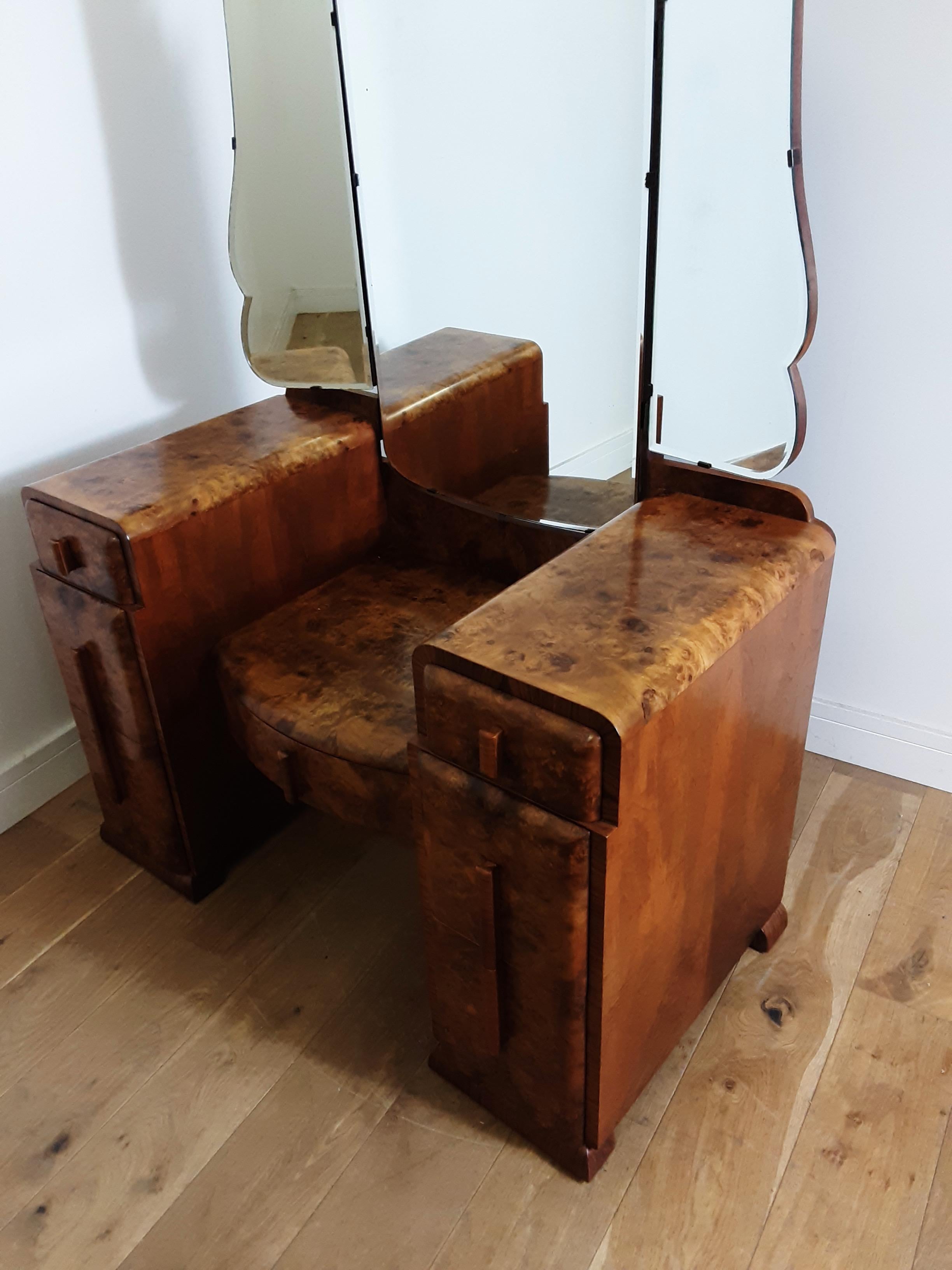 British Art Deco Burr Walnut Dressing Table by Grange Furnishing Stores, London For Sale