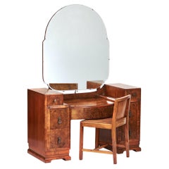 Vintage Art Deco Burr Walnut Dressing Table & Stool circa 1930s