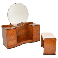 Antique Art Deco Burr Walnut Dressing Table & Stool