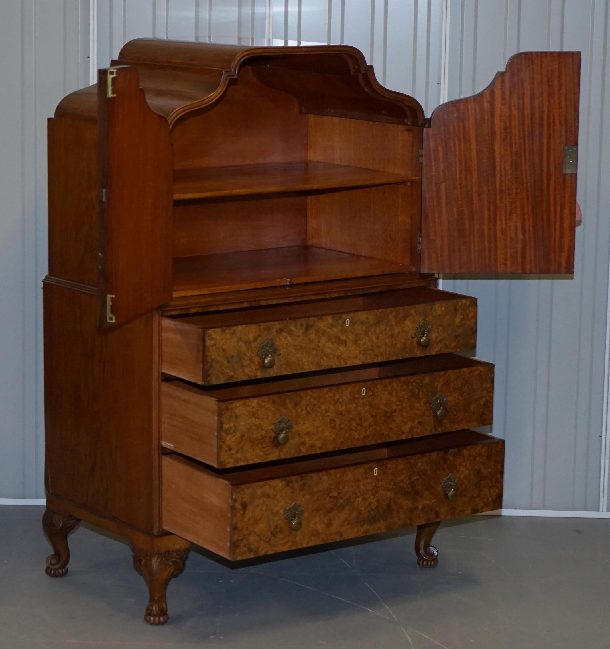 Art Deco Burr Walnut Drinks Cabinet Cupboard with Drawers Butlers Serving Tray 7