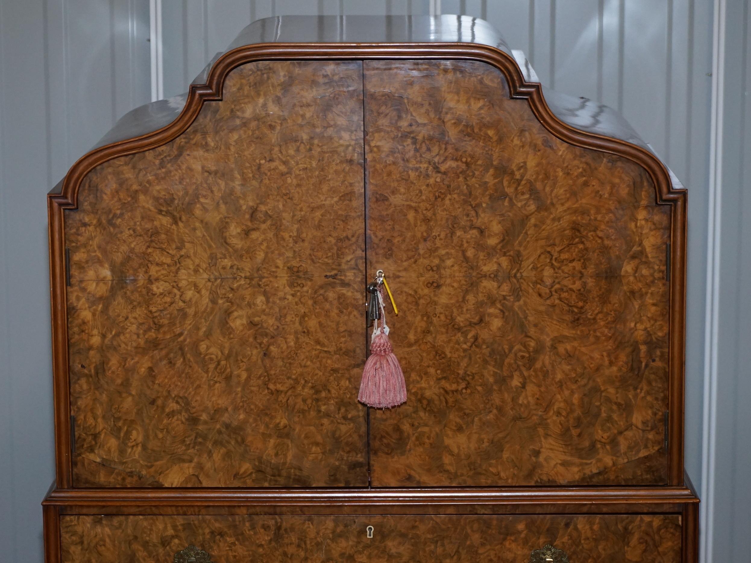 Hand-Crafted Art Deco Burr Walnut Drinks Cabinet Cupboard with Drawers Butlers Serving Tray