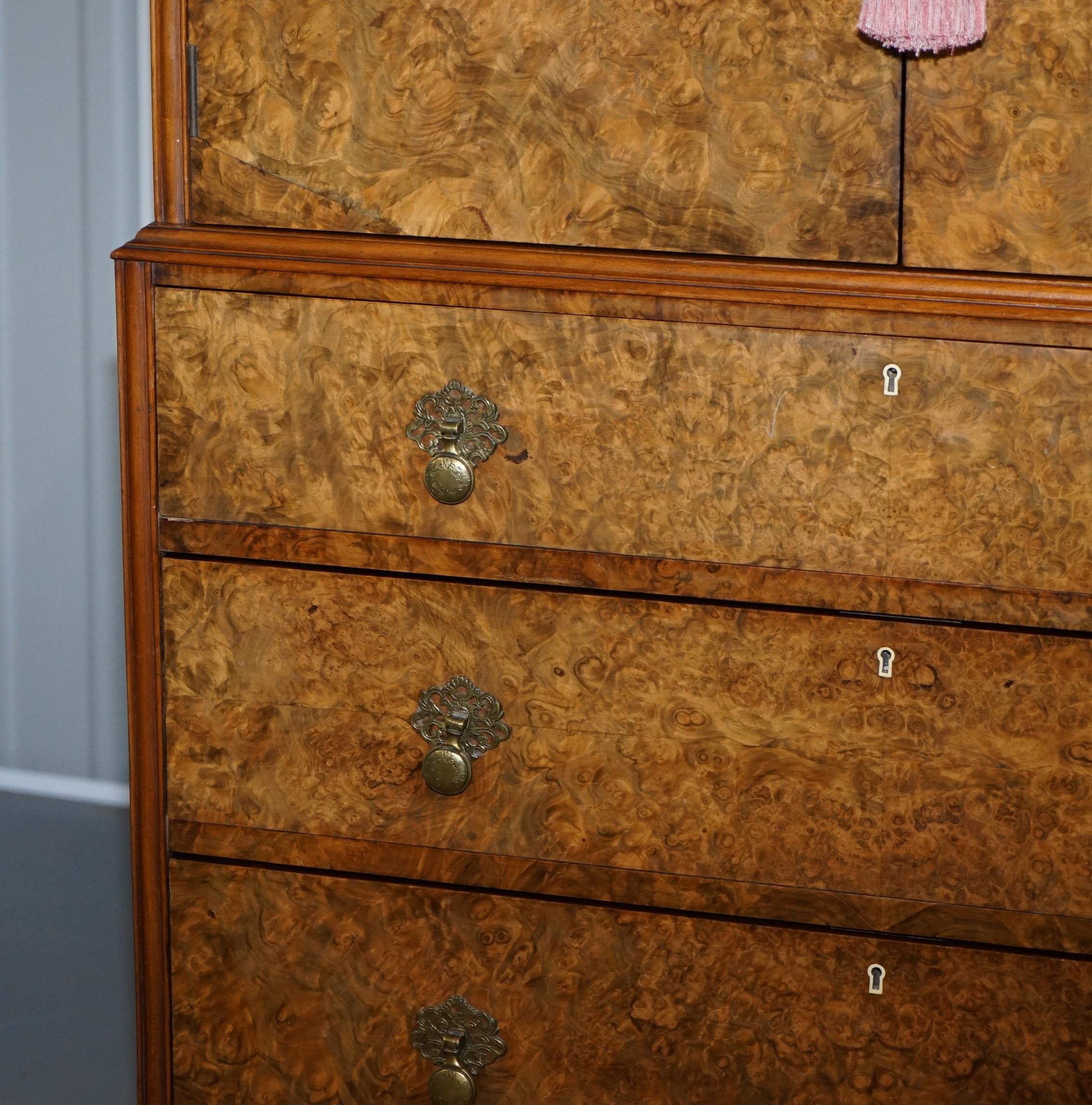 Early 20th Century Art Deco Burr Walnut Drinks Cabinet Cupboard with Drawers Butlers Serving Tray