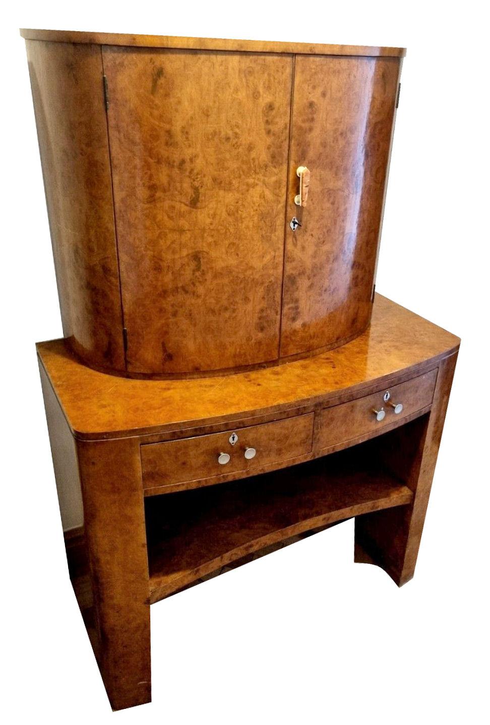20th Century Art Deco Burr Walnut Drinks Cocktail Cabinet, Dry Bar, by H & L Epstein, C1930 For Sale