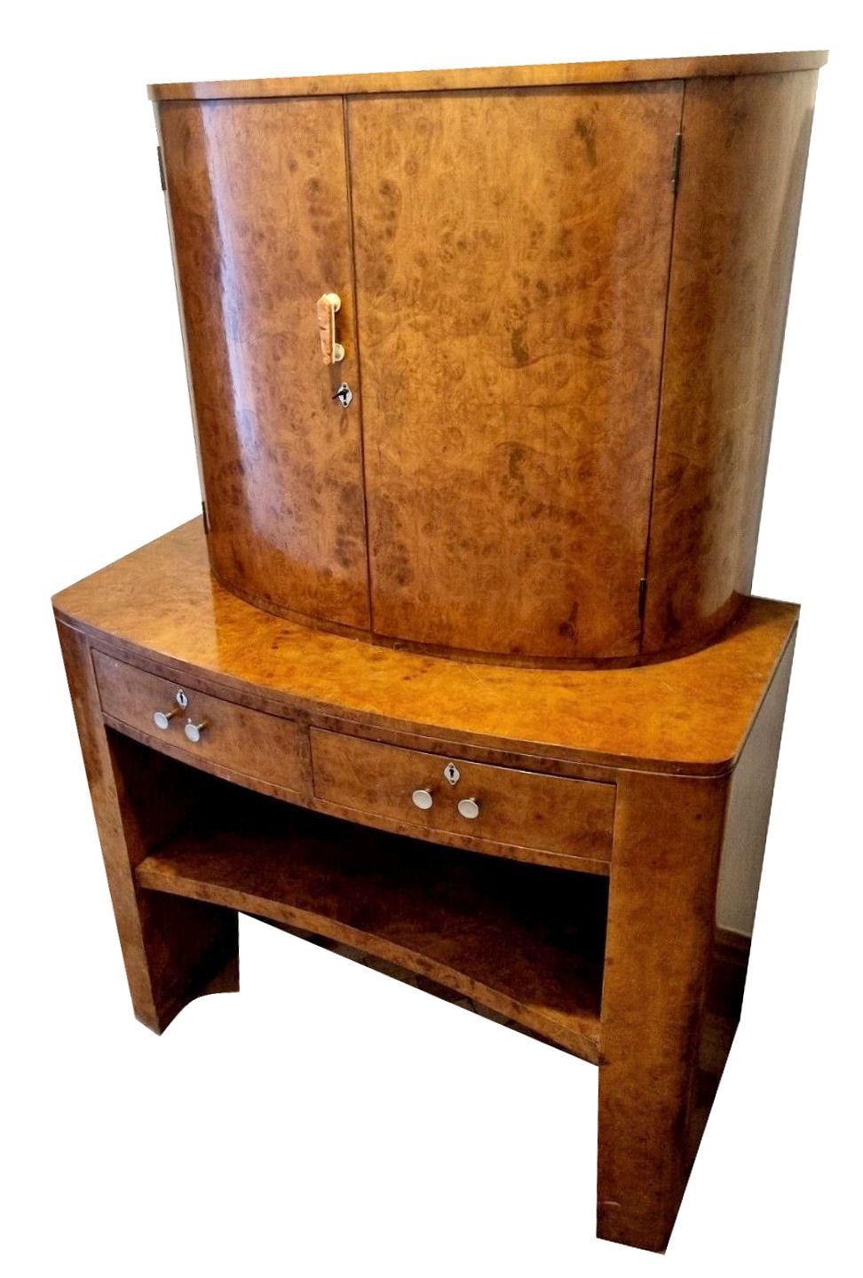 Mirror Art Deco Burr Walnut Drinks Cocktail Cabinet, Dry Bar, by H & L Epstein, C1930 For Sale