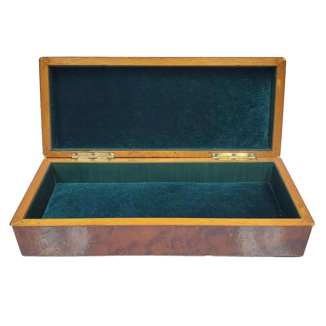 Art Deco Burled Walnut glove box of rectangular form with bone edges and slightly domed top. Relined.