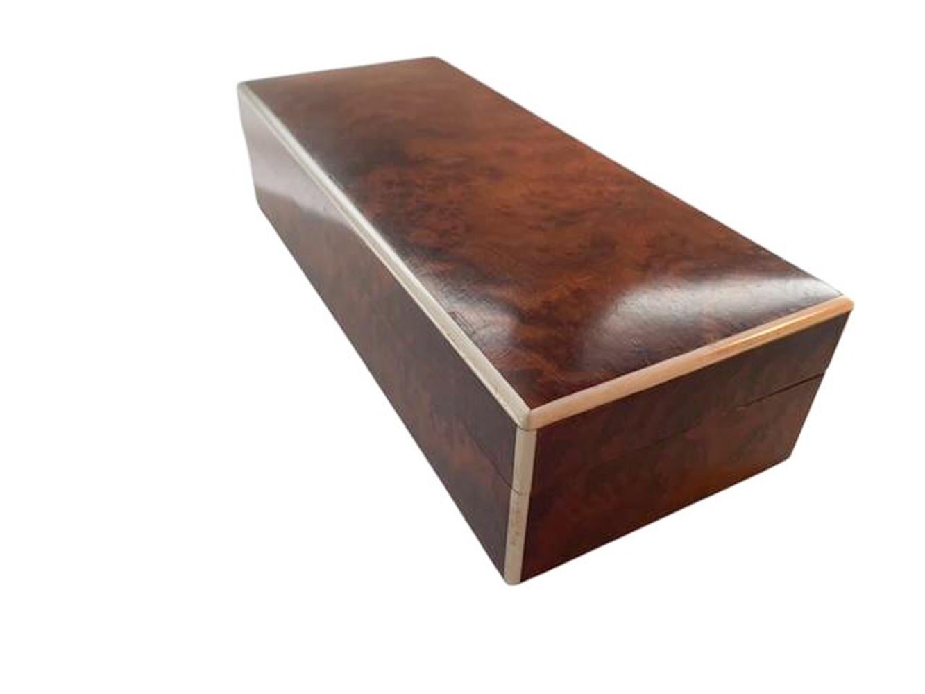 Art Deco Burr Walnut Glove Box w/Slightly Domed Lid and Bone Edges In Good Condition For Sale In Chapel Hill, NC