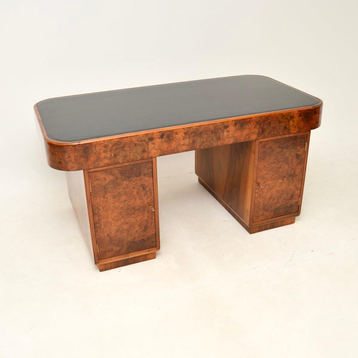 British Art Deco Burr Walnut Leather Top Partners Desk For Sale