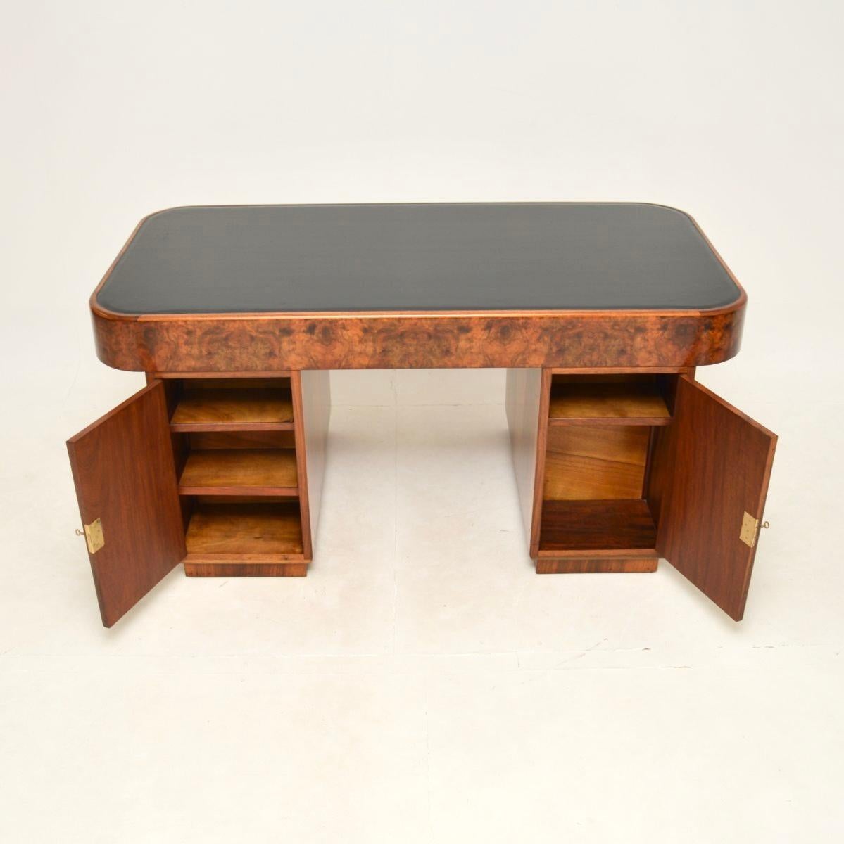 Early 20th Century Art Deco Burr Walnut Leather Top Partners Desk For Sale