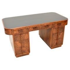 Antique Art Deco Burr Walnut Leather Top Partners Desk