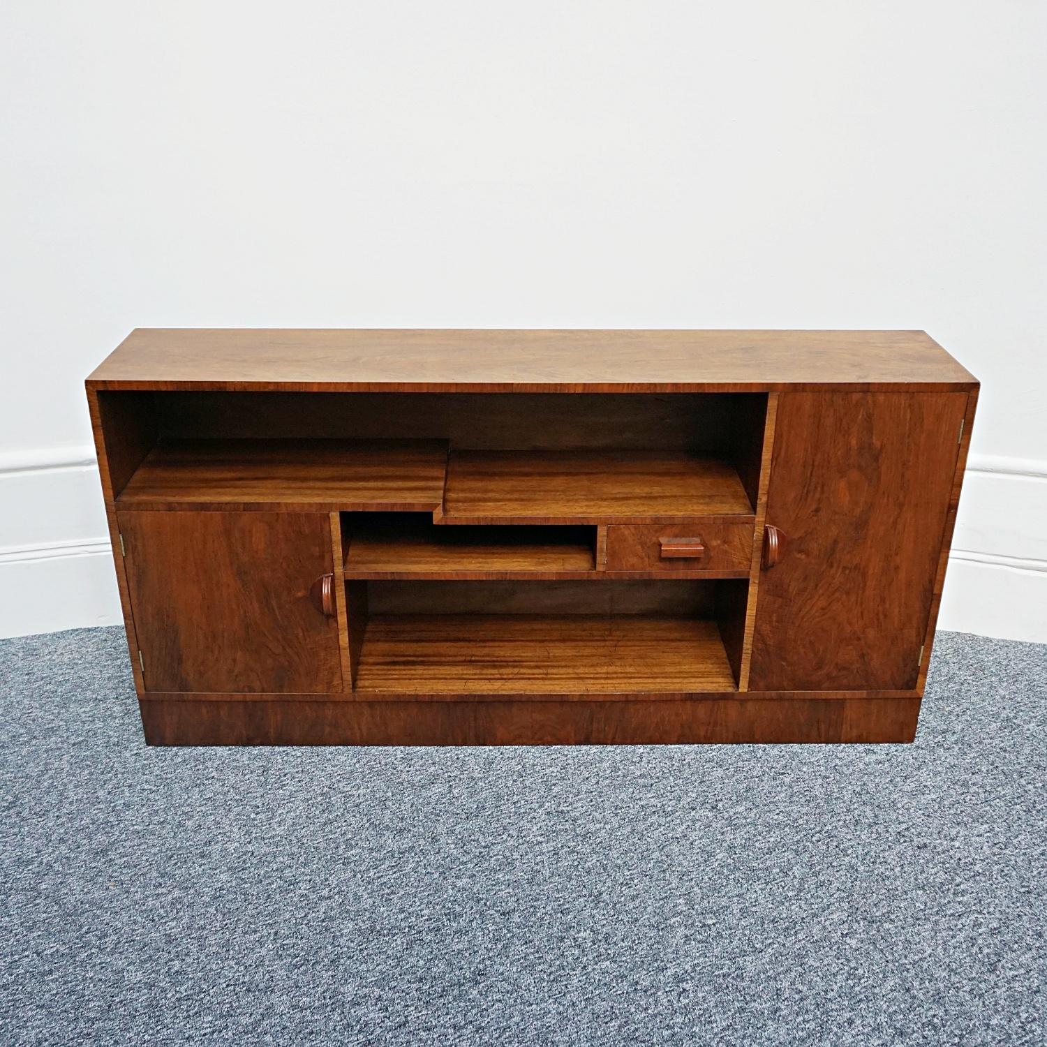 English Art Deco Burr Walnut Long Bookcase, Circa 1935