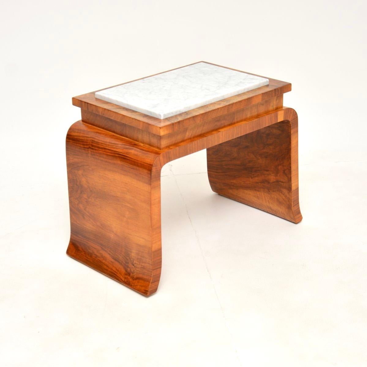 British Art Deco Burr Walnut Marble Top Side Table For Sale