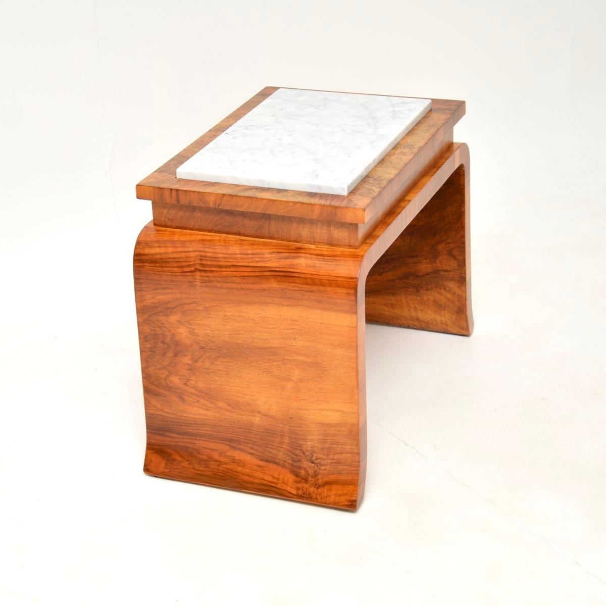 Mid-20th Century Art Deco Burr Walnut Marble Top Side Table For Sale